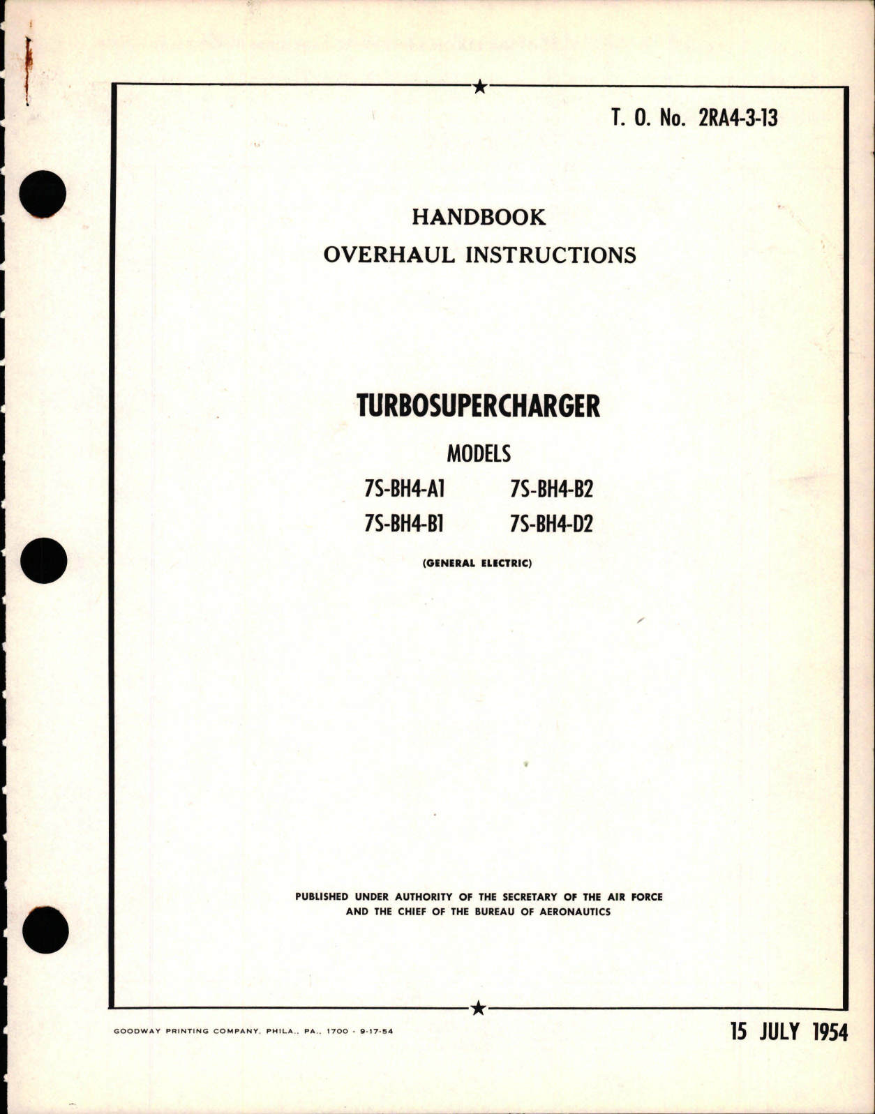 Sample page 1 from AirCorps Library document: Overhaul Instructions for Turbosupercharger - Models 7S-BH4-A1, 7S-BH4-B1, 7S-BH4-B2, and 7S-BH4-D2