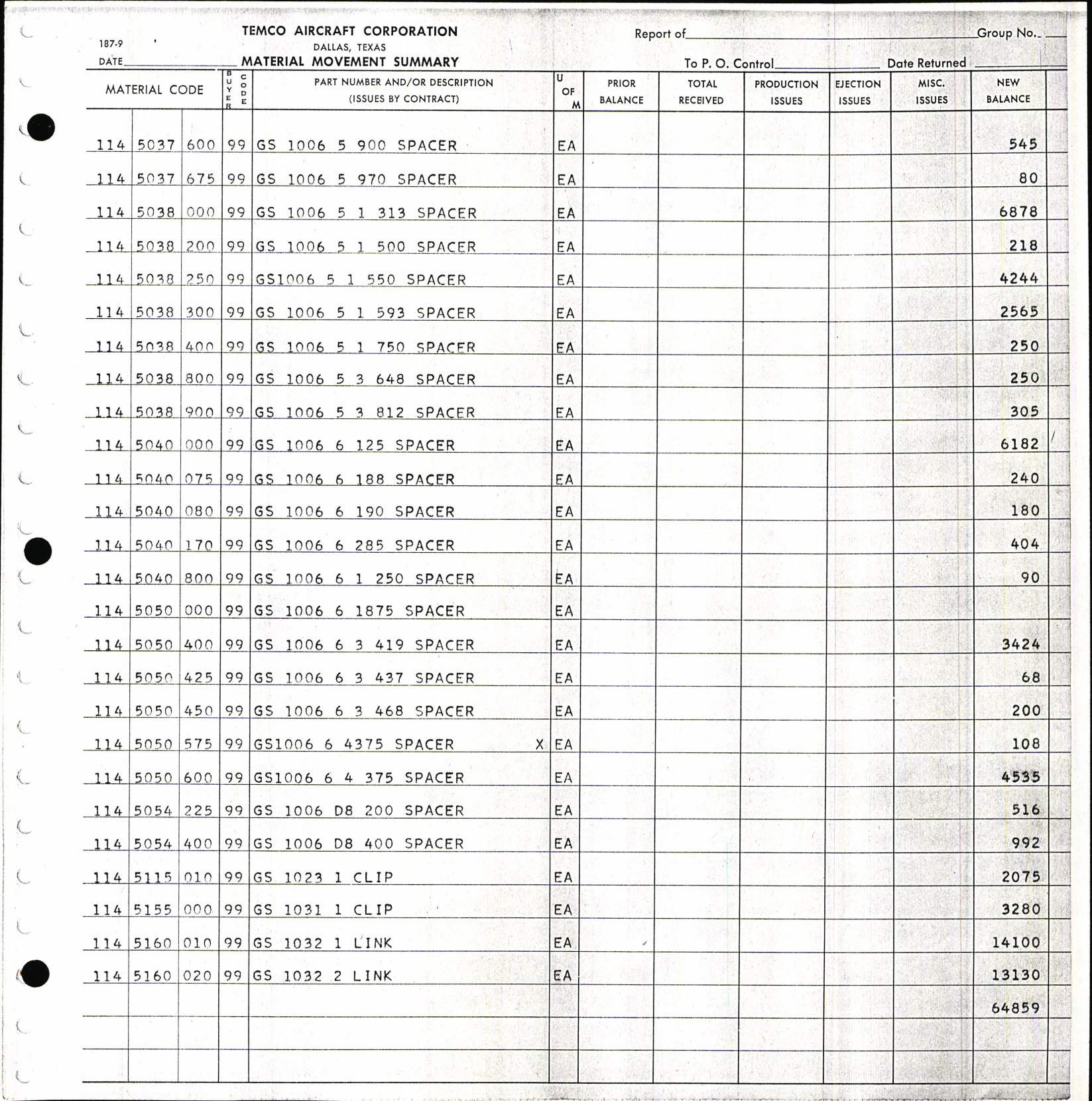 Sample page 4 from AirCorps Library document: Material Movement Summary