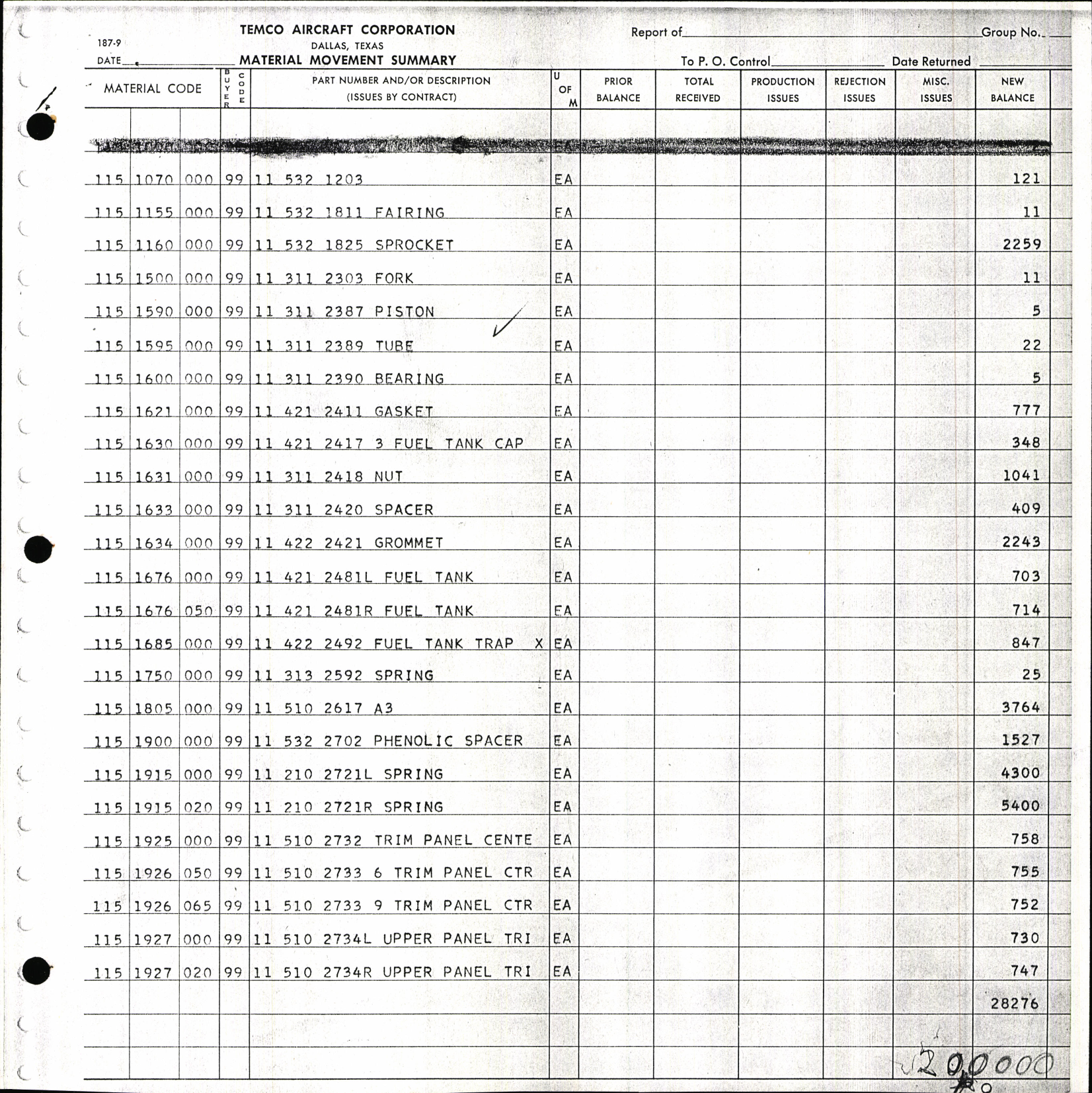 Sample page 6 from AirCorps Library document: Material Movement Summary