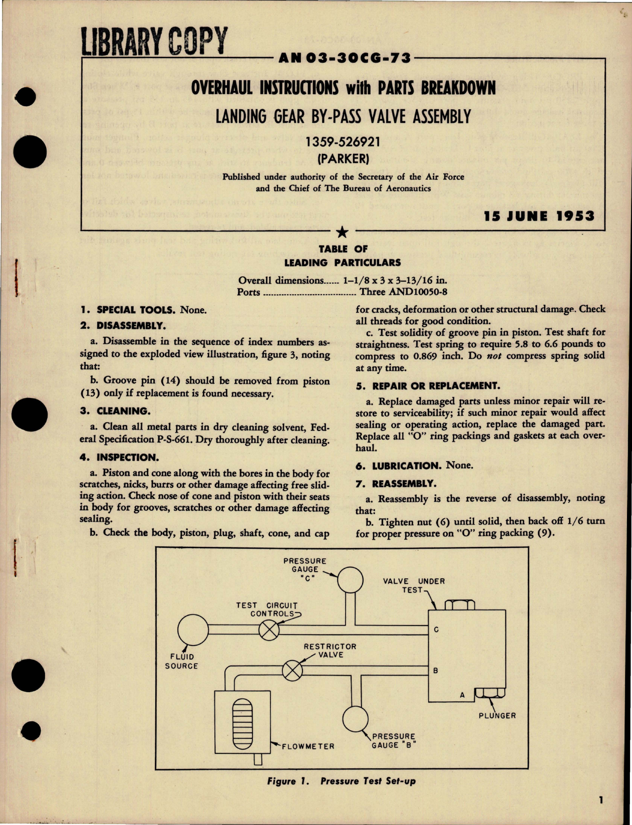 Sample page 1 from AirCorps Library document: Overhaul Instructions with Parts Breakdown for Landing Gear By-Pass Valve Assembly - 1359-526921
