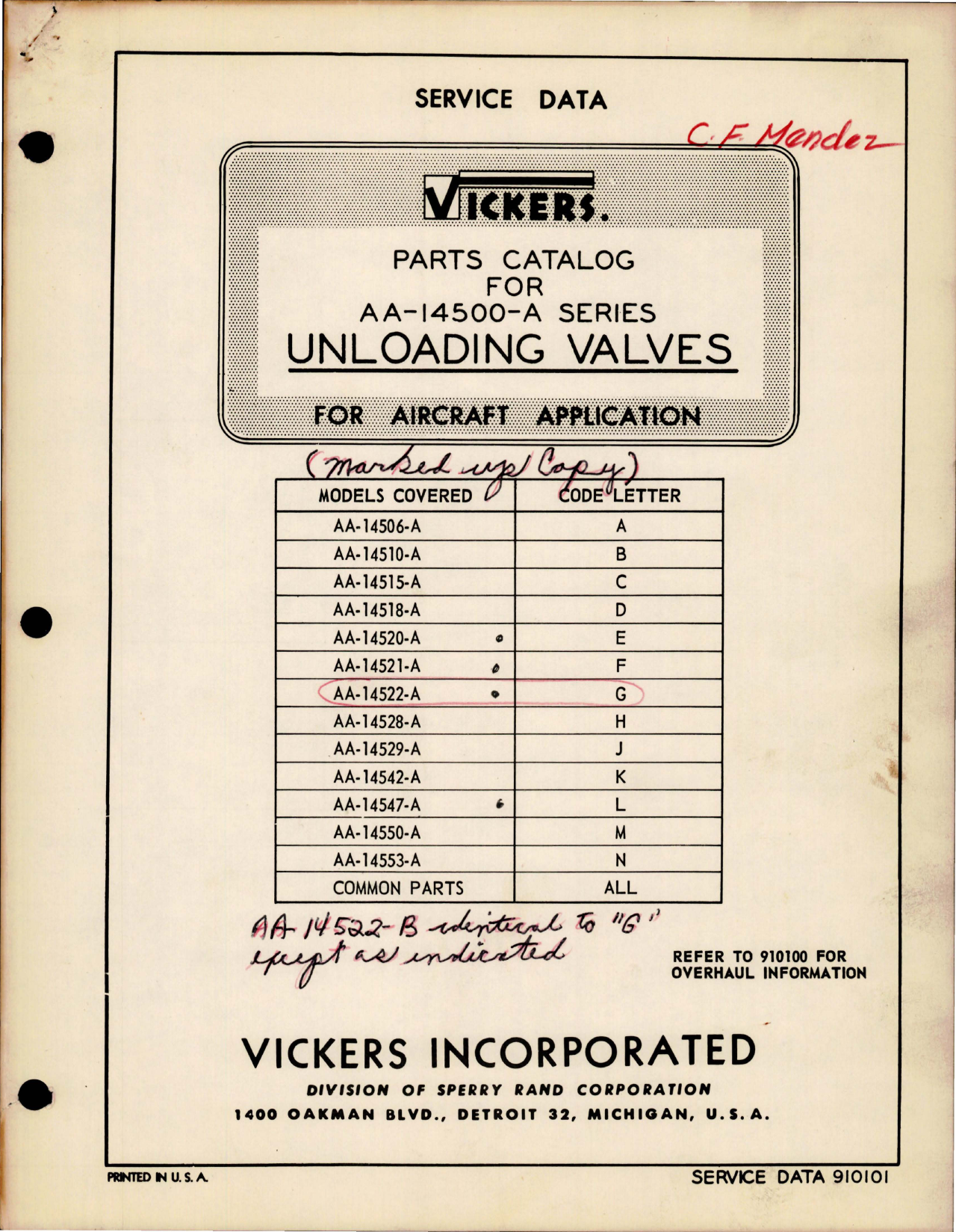 Sample page 1 from AirCorps Library document: Parts Catalog for Unloading Valves - AA-14500-A Series