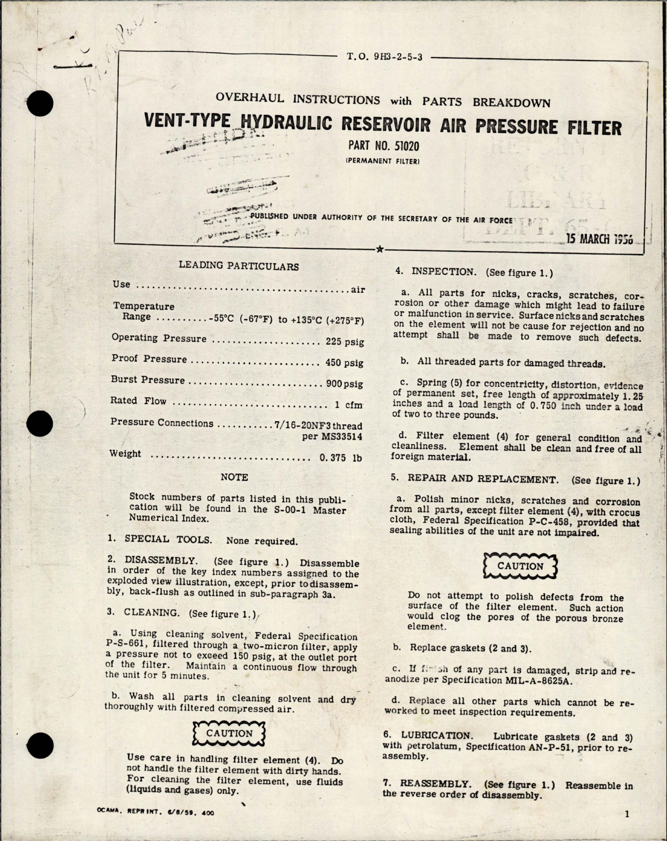 Sample page 1 from AirCorps Library document: Overhaul Instructions with Parts for Vent Type Hydraulic Reservoir Air Pressure Filter - Part 51020 