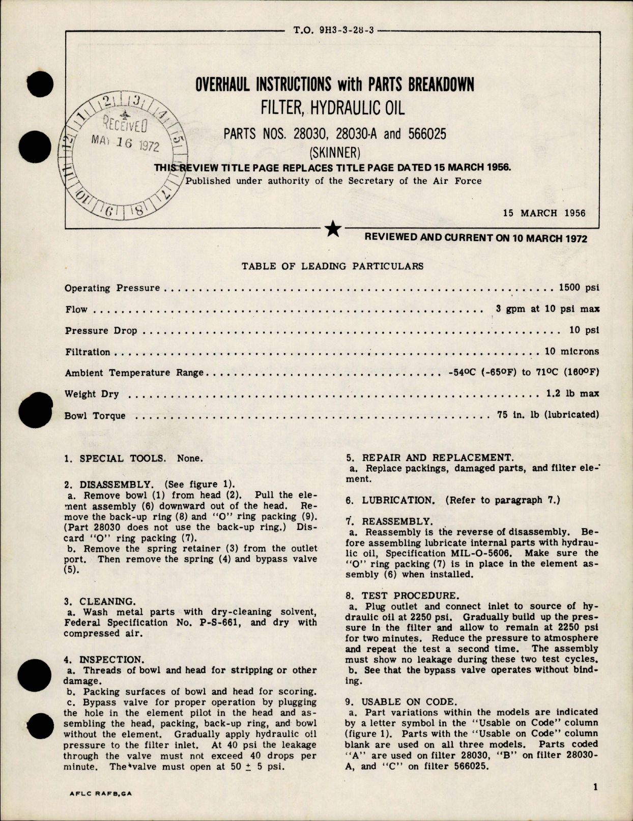 Sample page 1 from AirCorps Library document: Overhaul Instructions with Parts Breakdown for Hydraulic Oil Filter - Parts 28030, 28030-A, 566025