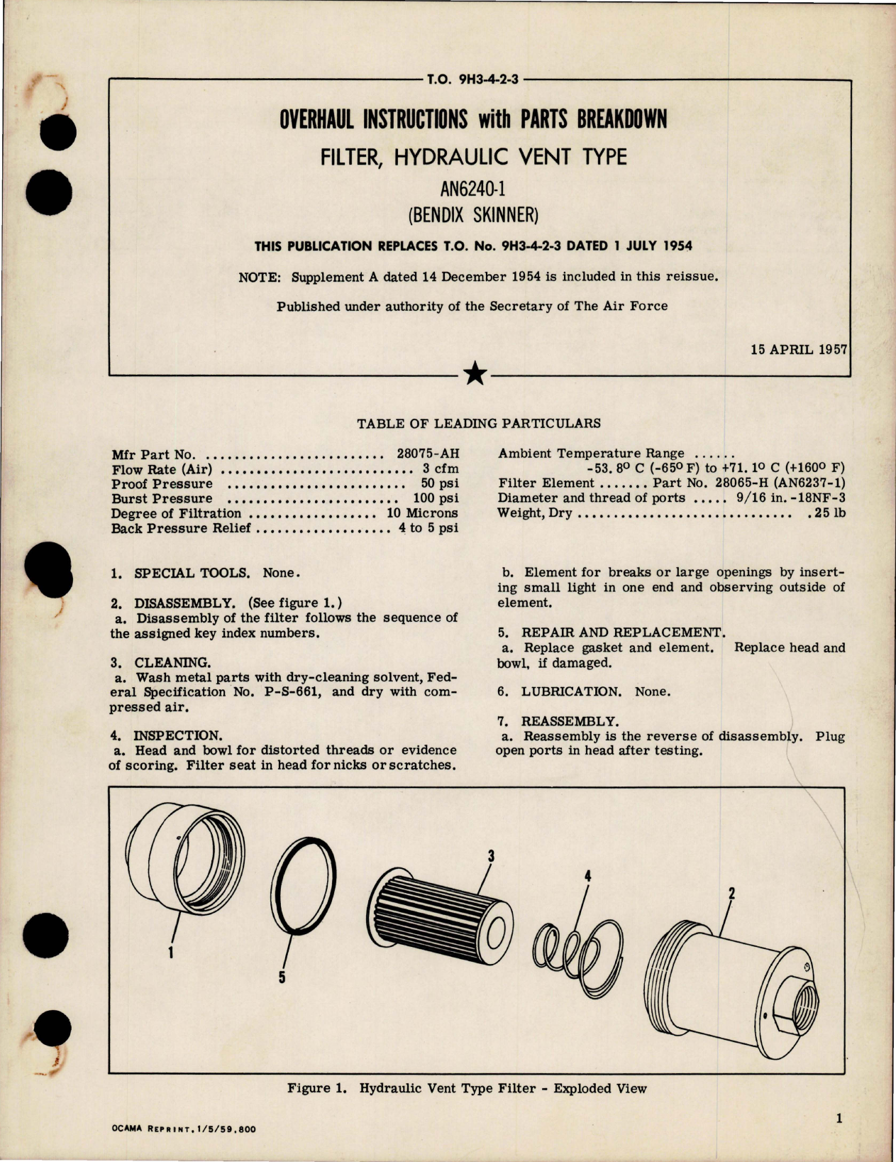 Sample page 1 from AirCorps Library document: Overhaul Instructions with Parts Breakdown for Hydraulic Vent Type Filter - AN2640-1