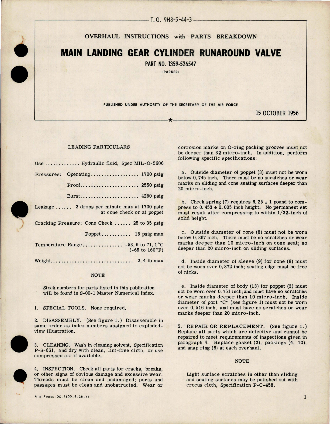 Sample page 1 from AirCorps Library document: Overhaul Instructions with Parts for Main Landing Gear Cylinder Runaround Valve - Part 1359-526547
