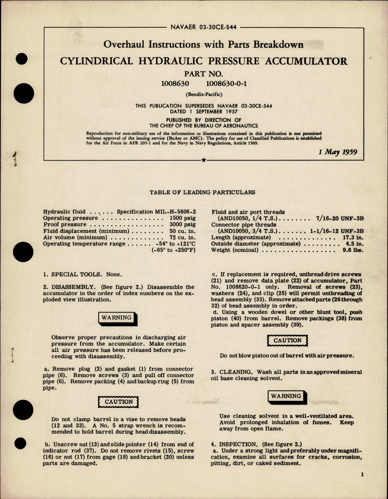 Sample page 1 from AirCorps Library document: Overhaul Instructions with Parts for Cylindrical Hydraulic Pressure Accumulator - Parts 1008630, 1008630-0-1