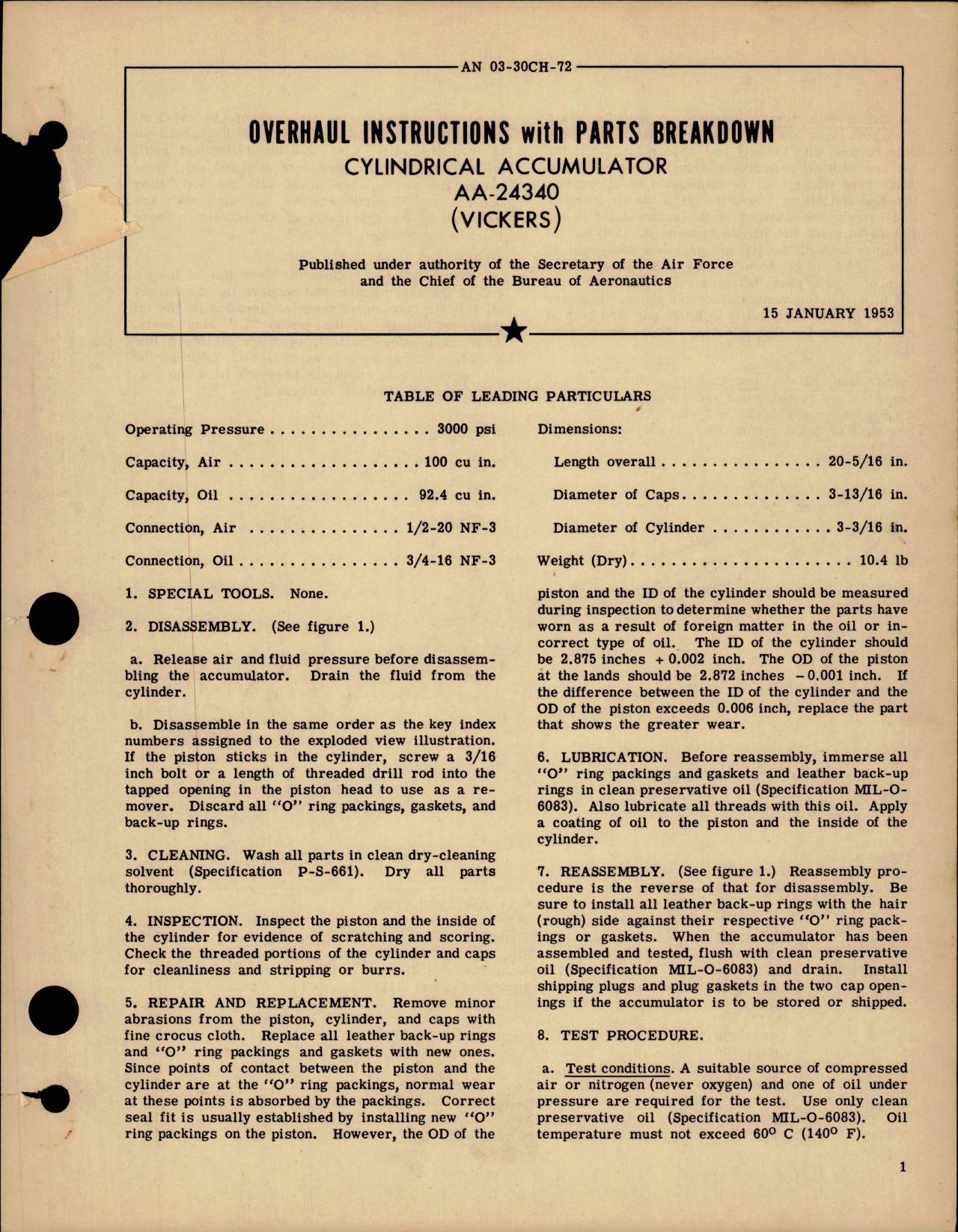 Sample page 1 from AirCorps Library document: Overhaul Instructions with Parts Breakdown for Cylindrical Accumulator - AA-24340