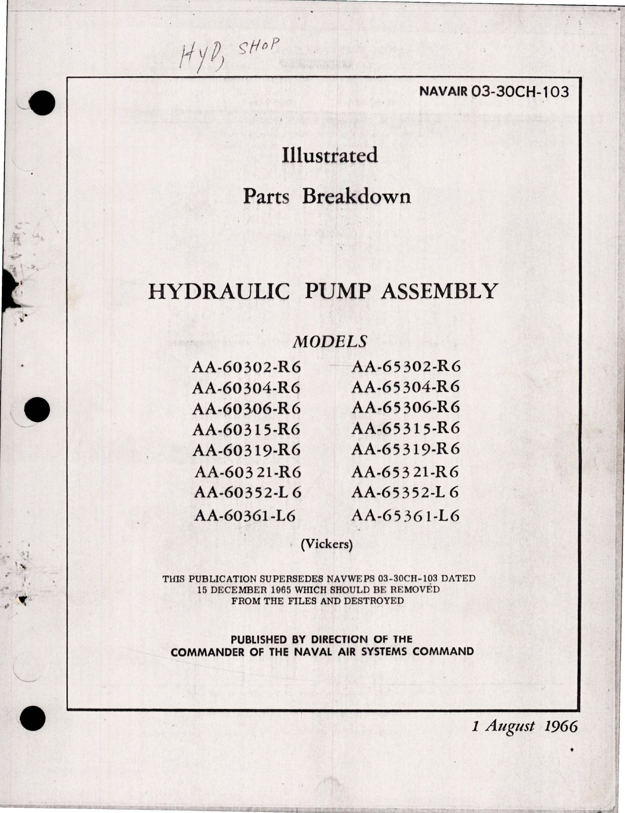 Sample page 1 from AirCorps Library document: Illustrated Parts Breakdown for Hydraulic Pump Assembly 