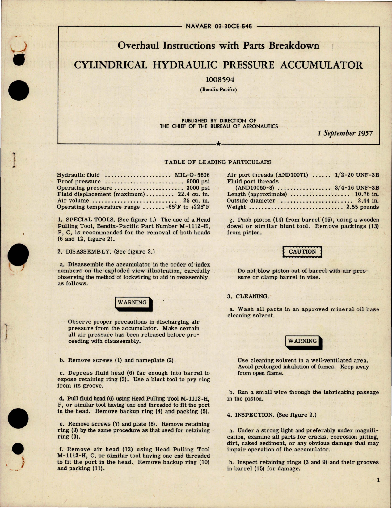 Sample page 1 from AirCorps Library document: Overhaul Instructions with Parts for Cylindrical Hydraulic Pressure Accumulator - 1008594