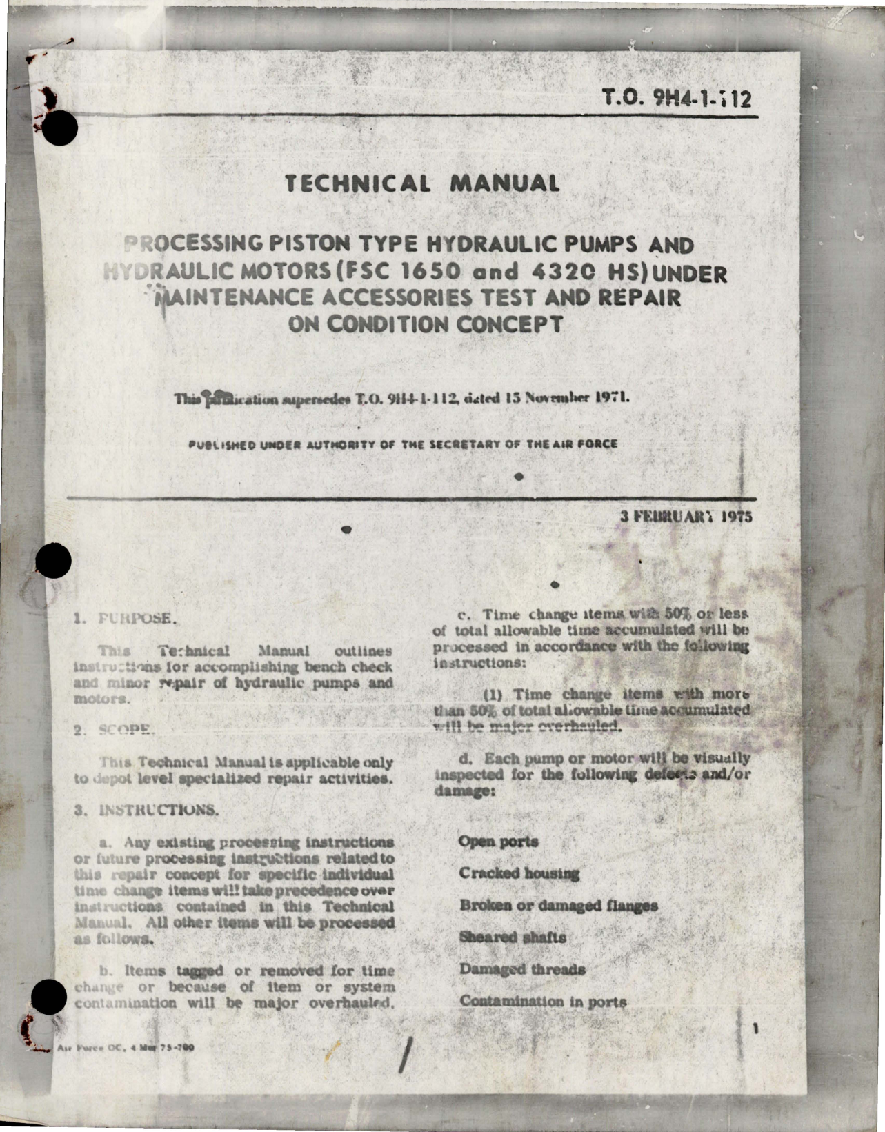 Sample page 1 from AirCorps Library document: Technical Manual for Processing Piston Type Hydraulic Pumps and Hydraulic Motors - FSC 1650 and 4320 HS