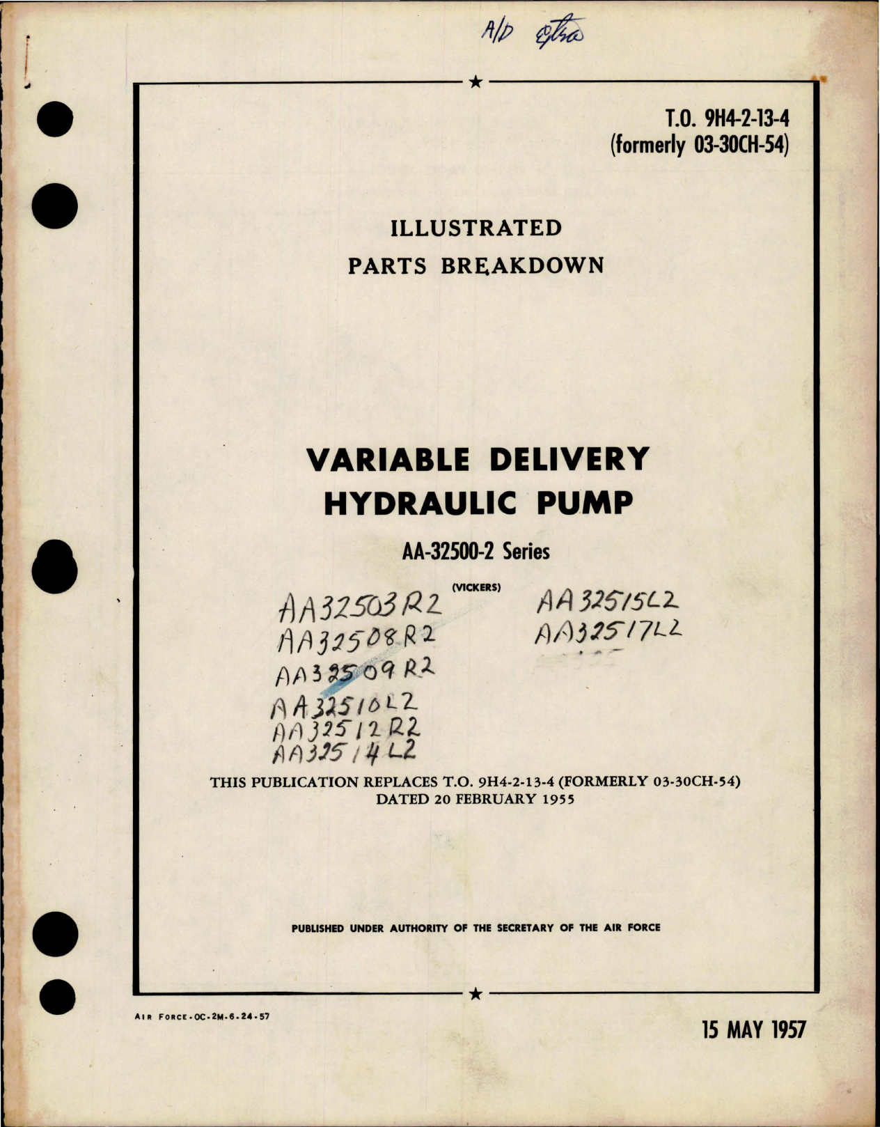 Sample page 1 from AirCorps Library document: Illustrated Parts Breakdown for Variable Delivery Hydraulic Pump - AA-32500-2 Series 