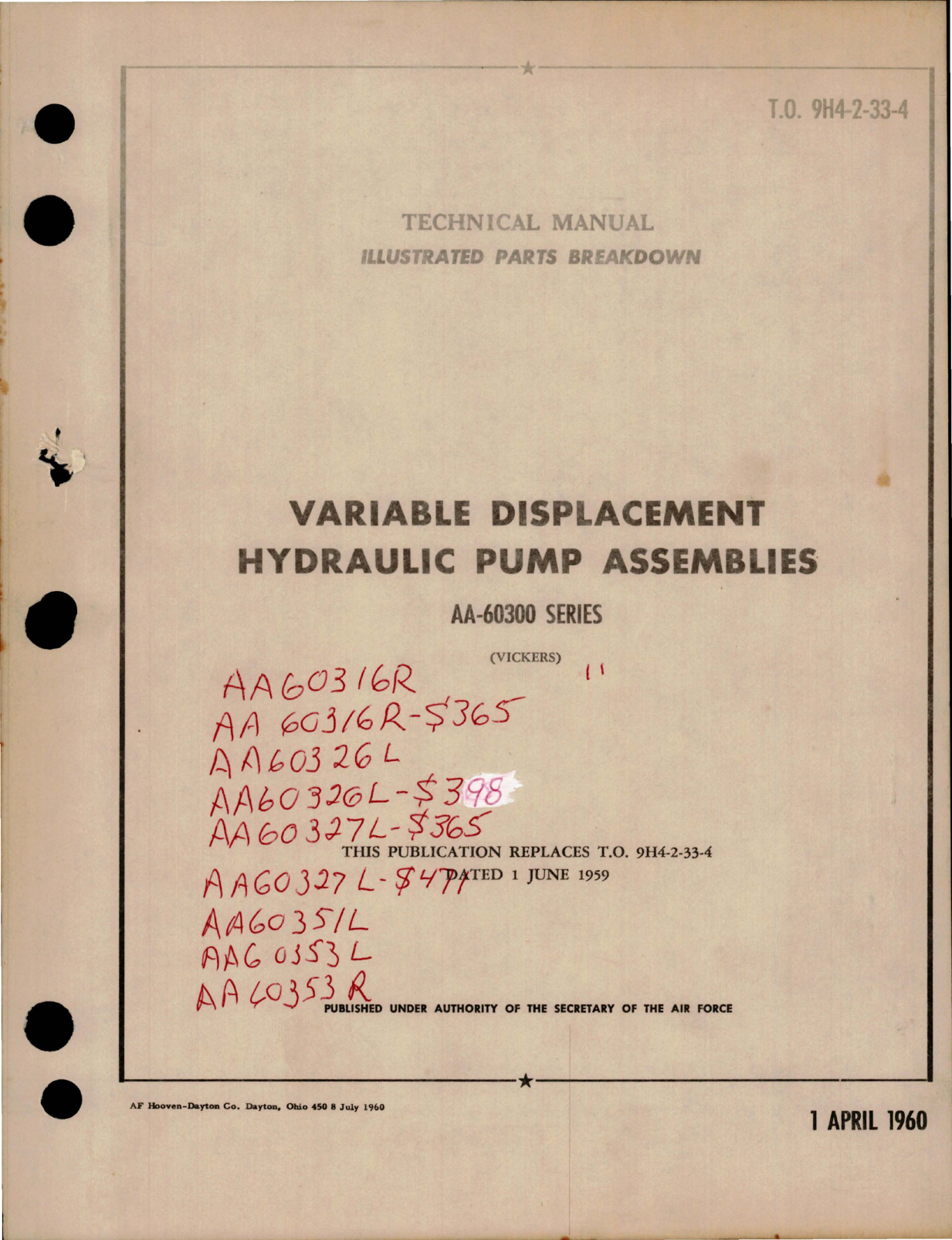 Sample page 1 from AirCorps Library document: Illustrated Parts Breakdown for Variable Displacement Hydraulic Pump Assemblies - AA-60300 Series 