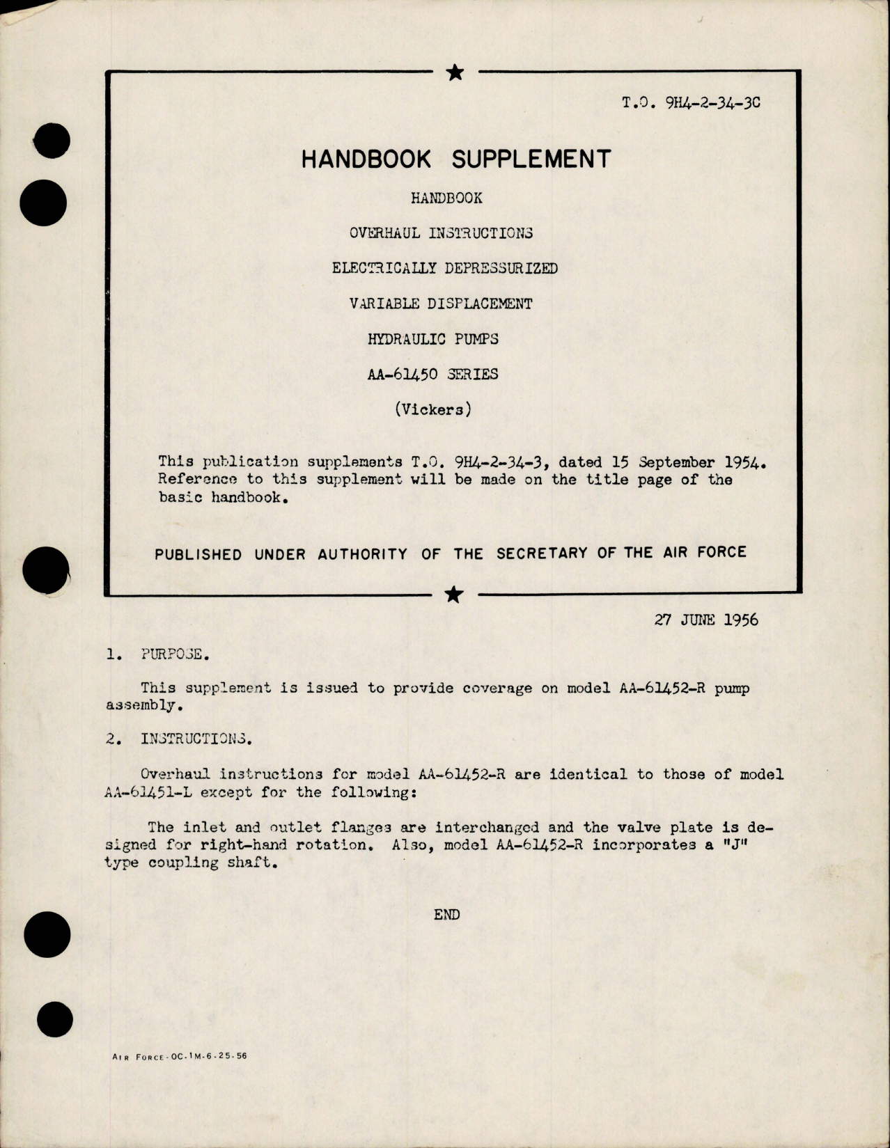 Sample page 1 from AirCorps Library document: Supplement to Overhaul Instructions for Electrically Depressurized Variable Displacement Hydraulic Pumps - AA-61450 Series 