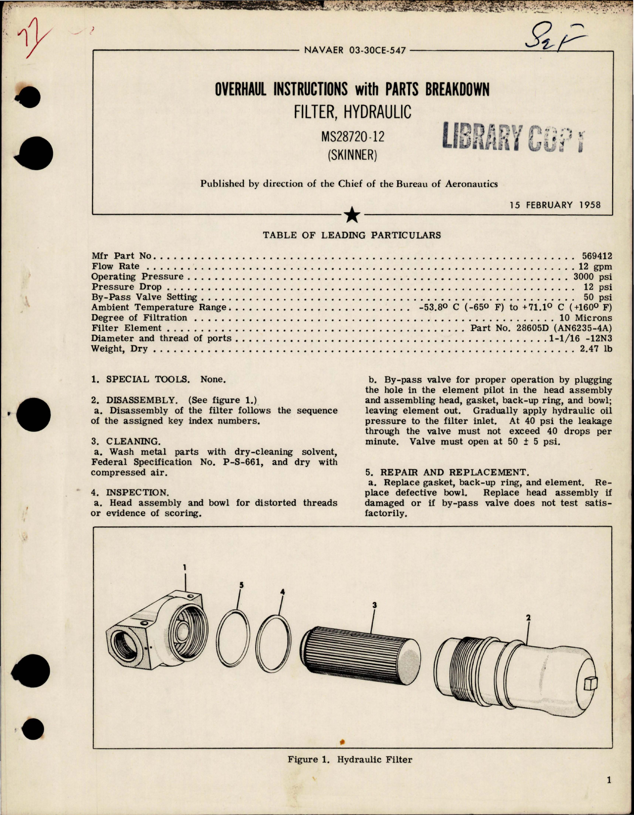 Sample page 1 from AirCorps Library document: Overhaul Instructions with Parts Breakdown for Hydraulic Filter - MS28720-12