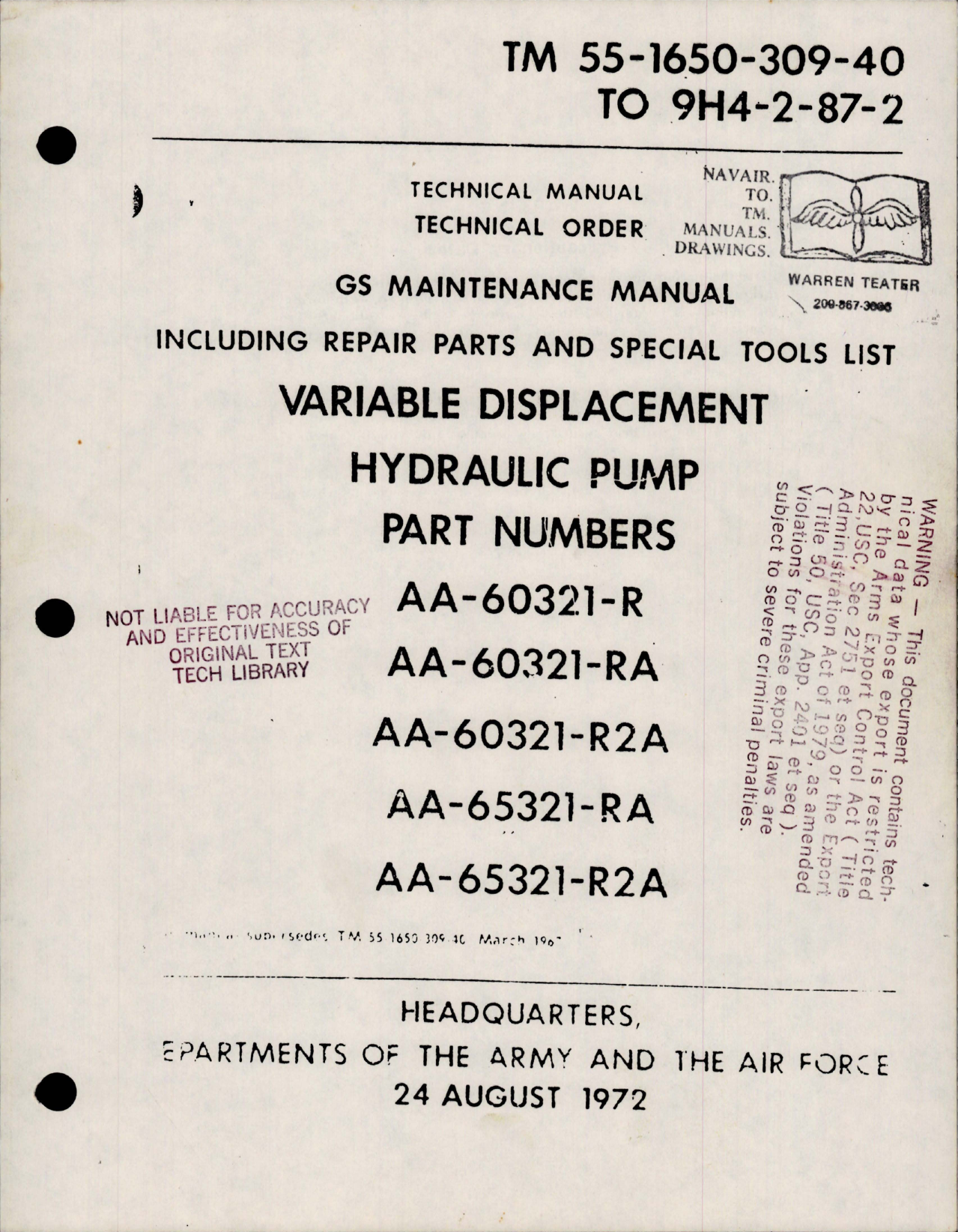 Sample page 1 from AirCorps Library document: Maintenance Manual with Parts and Tools List for Variable Displacement Hydraulic Pump 