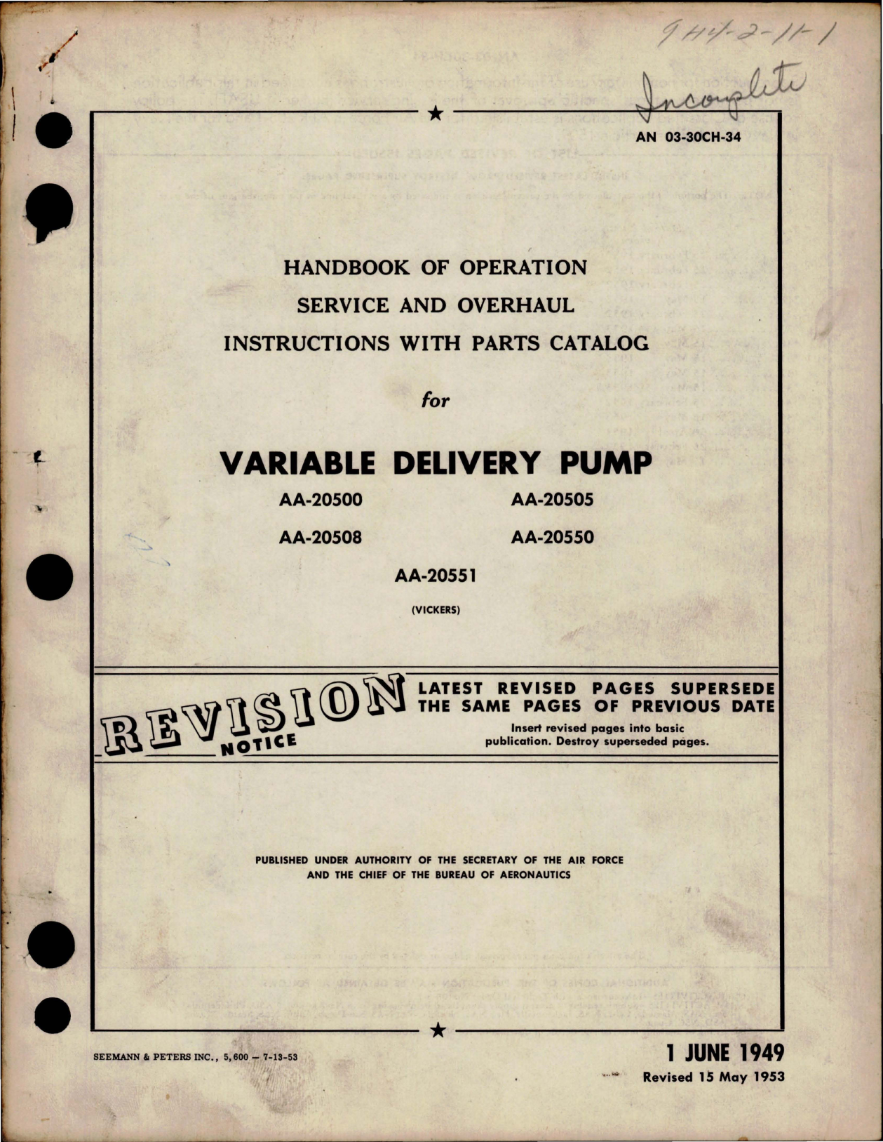 Sample page 1 from AirCorps Library document: Service and Overhaul Instructions with Parts Catalog for Variable Delivery Pump 