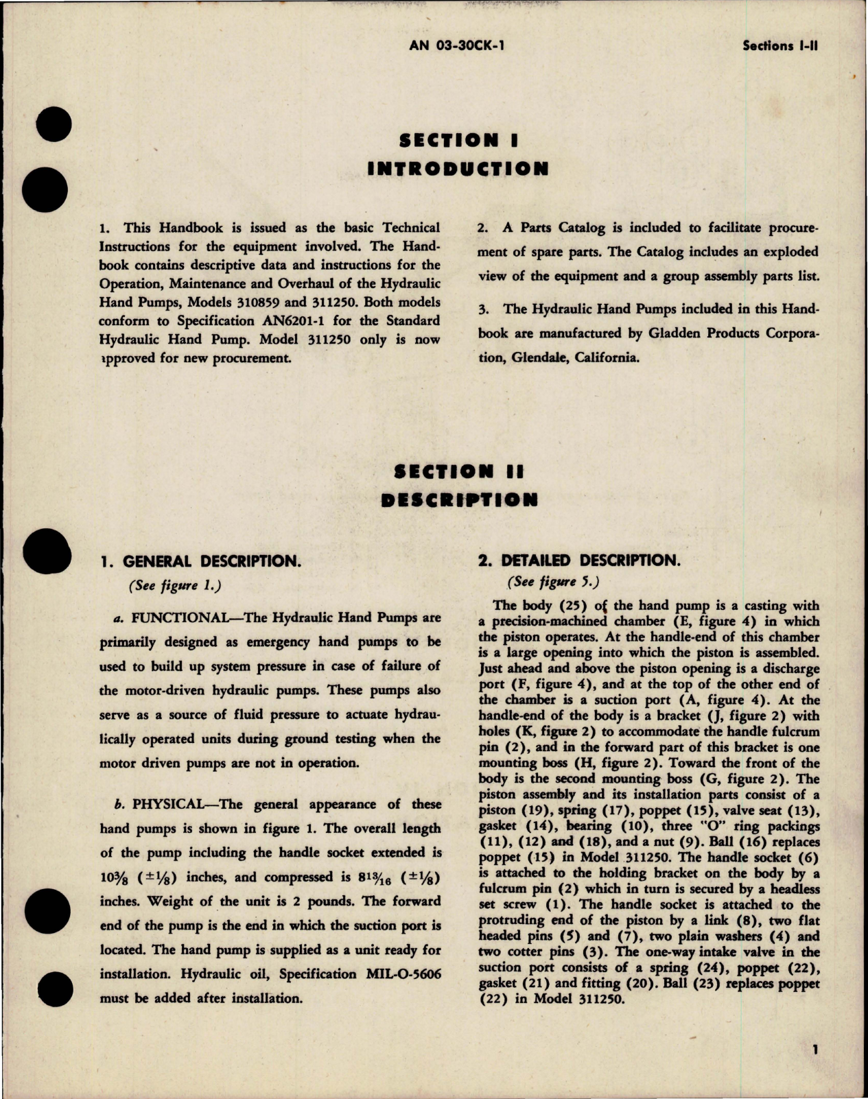 Sample page 5 from AirCorps Library document: Operation, Service and Overhaul Instructions with Parts Catalog for Hydraulic Hand Pumps - Type AN6201-1 - Models 310859, 311250 