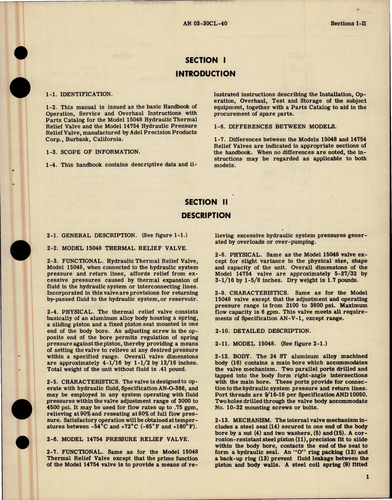 Sample page 5 from AirCorps Library document: Operation, Service, Overhaul Instructions with Parts Catalog for Hydraulic Thermal Relief Valve - 15048, and Hydraulic Pressure Relief Valve 14754