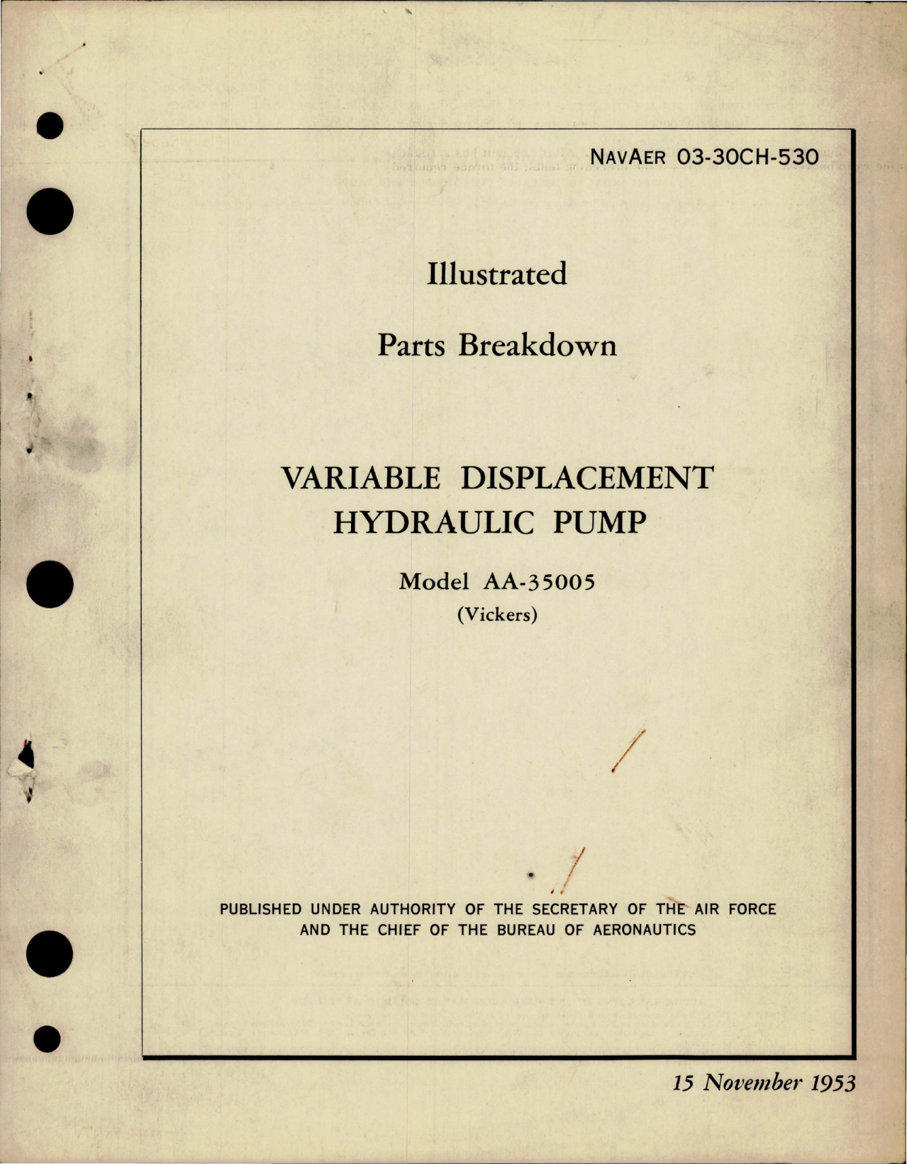Sample page 1 from AirCorps Library document: Illustrated Parts Breakdown for Variable Displacement Hydraulic Pump - Model AA-35005