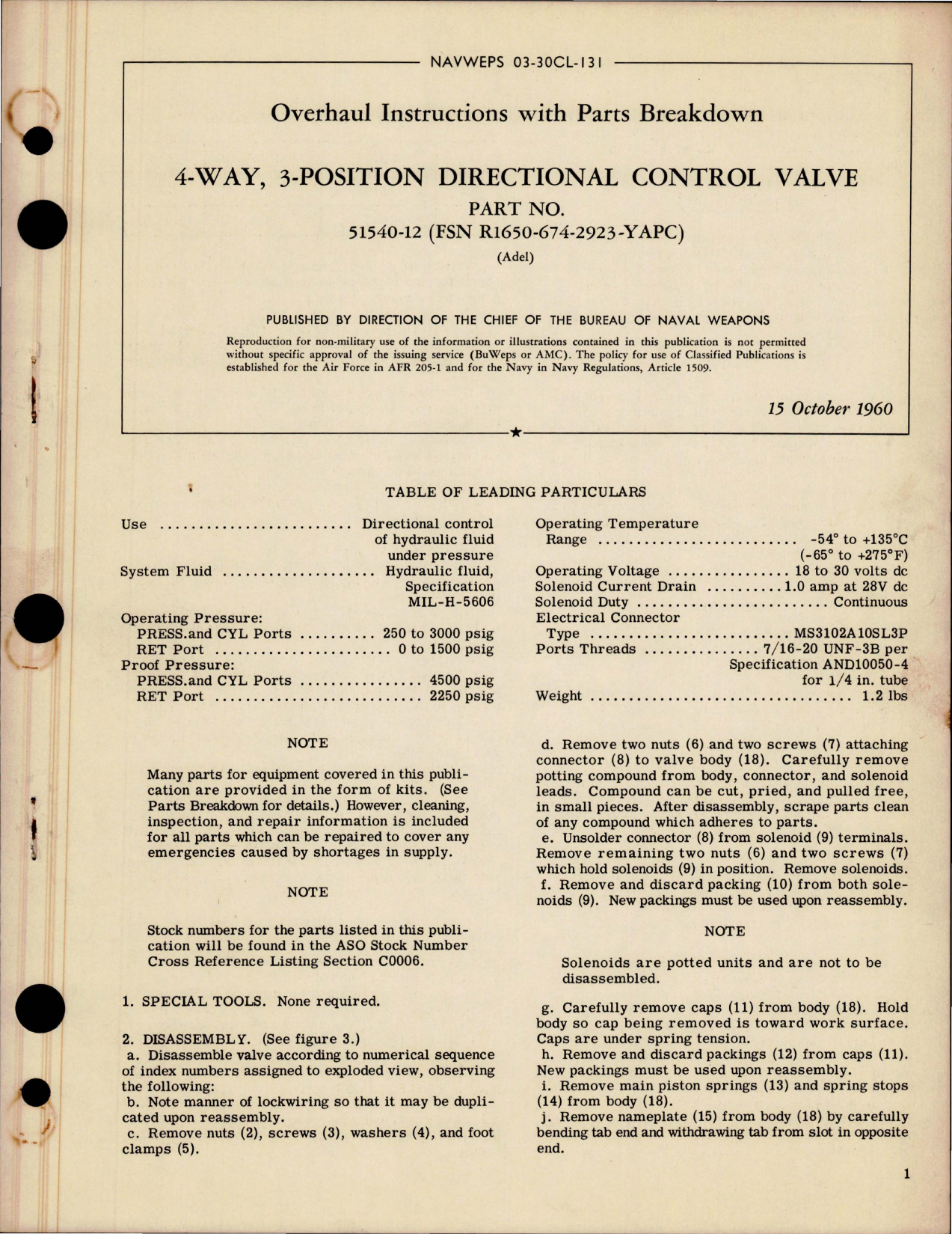 Sample page 1 from AirCorps Library document: Overhaul Instructions with Parts Breakdown for 4-Way, 3-Position Directional Control Valve - Part 51540-12