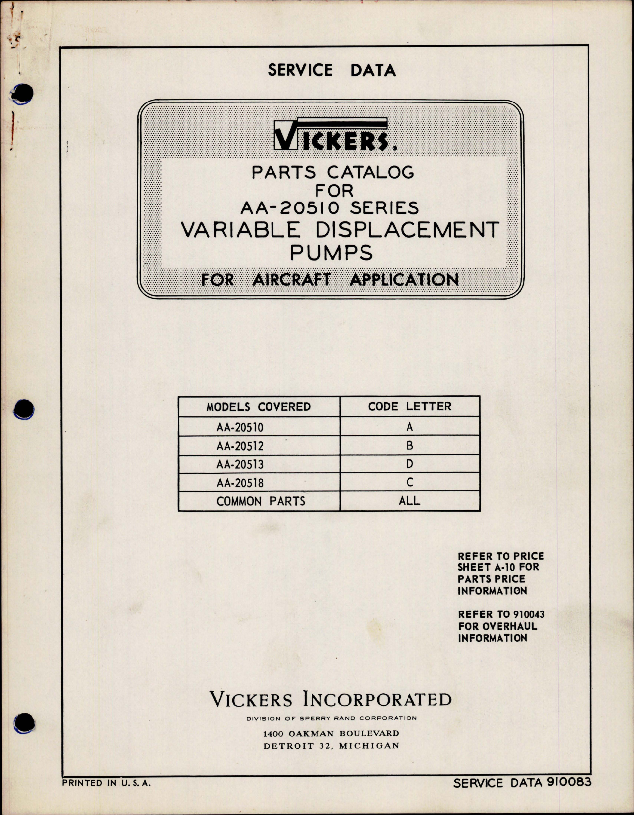 Sample page 1 from AirCorps Library document: Parts Catalog for Variable Displacement Pumps - AA-20510 Series 