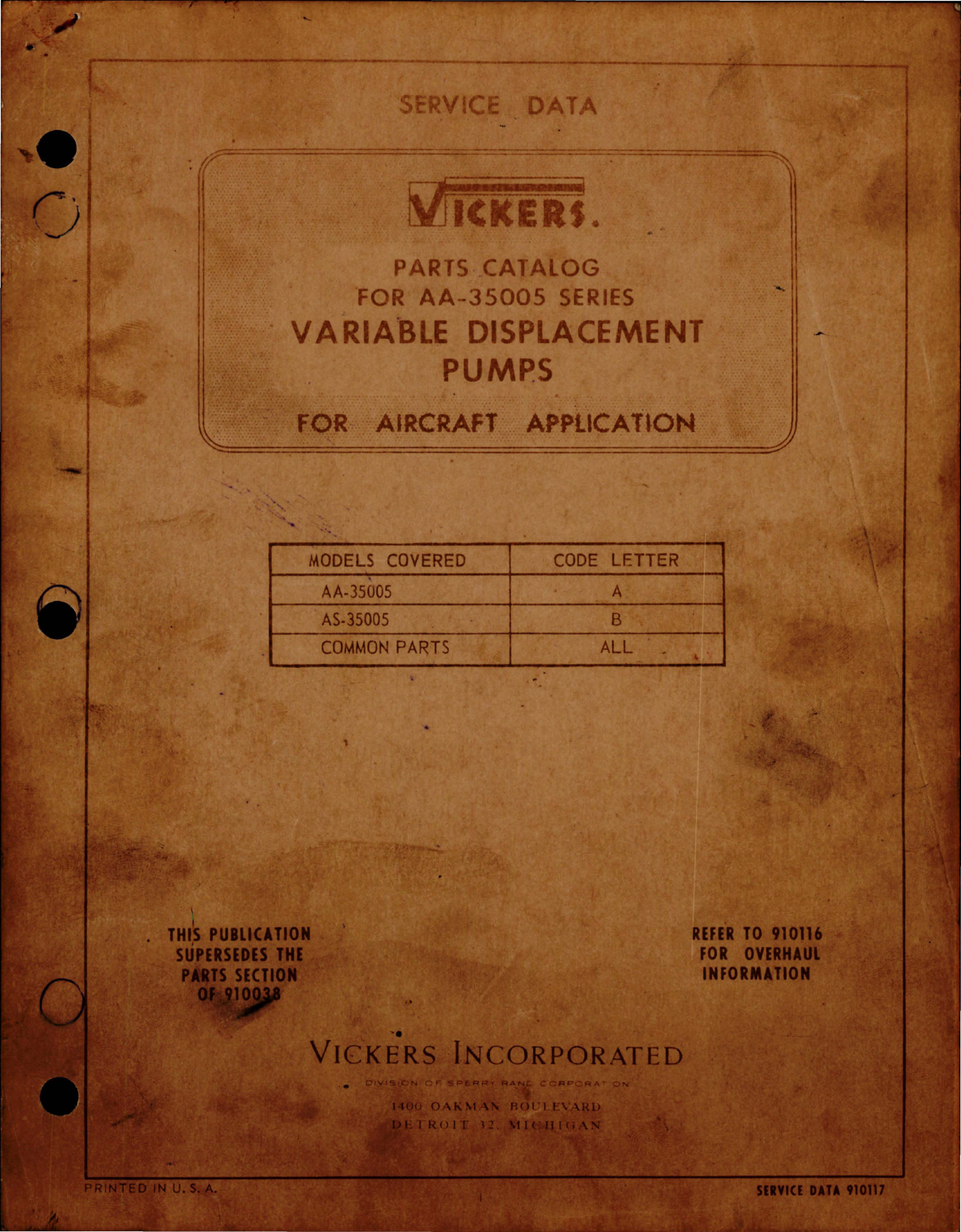Sample page 1 from AirCorps Library document: Parts Catalog for Variable Displacement Pumps - AA- 350058 Series 