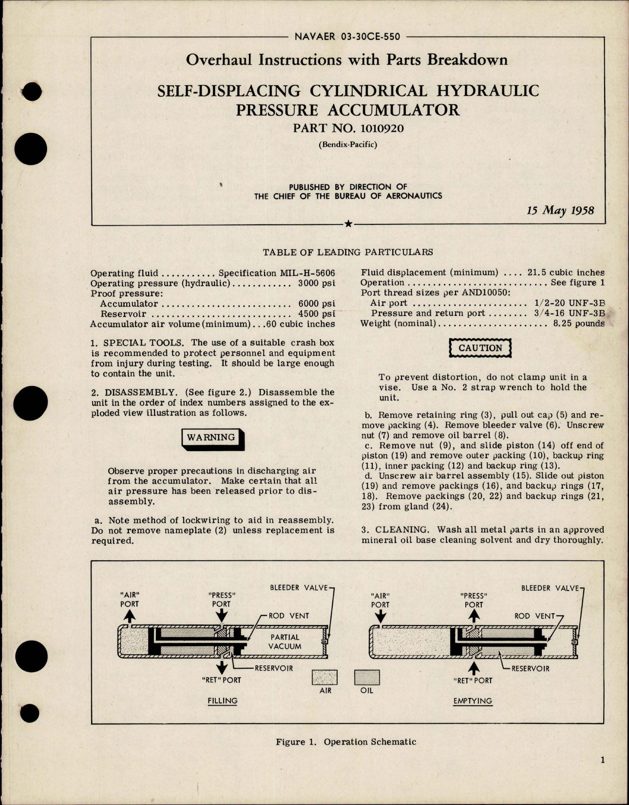 Sample page 1 from AirCorps Library document: Overhaul Instructions with Parts for Self-Displacing Cylindrical Hydraulic Pressure Accumulator - Part 1010920 