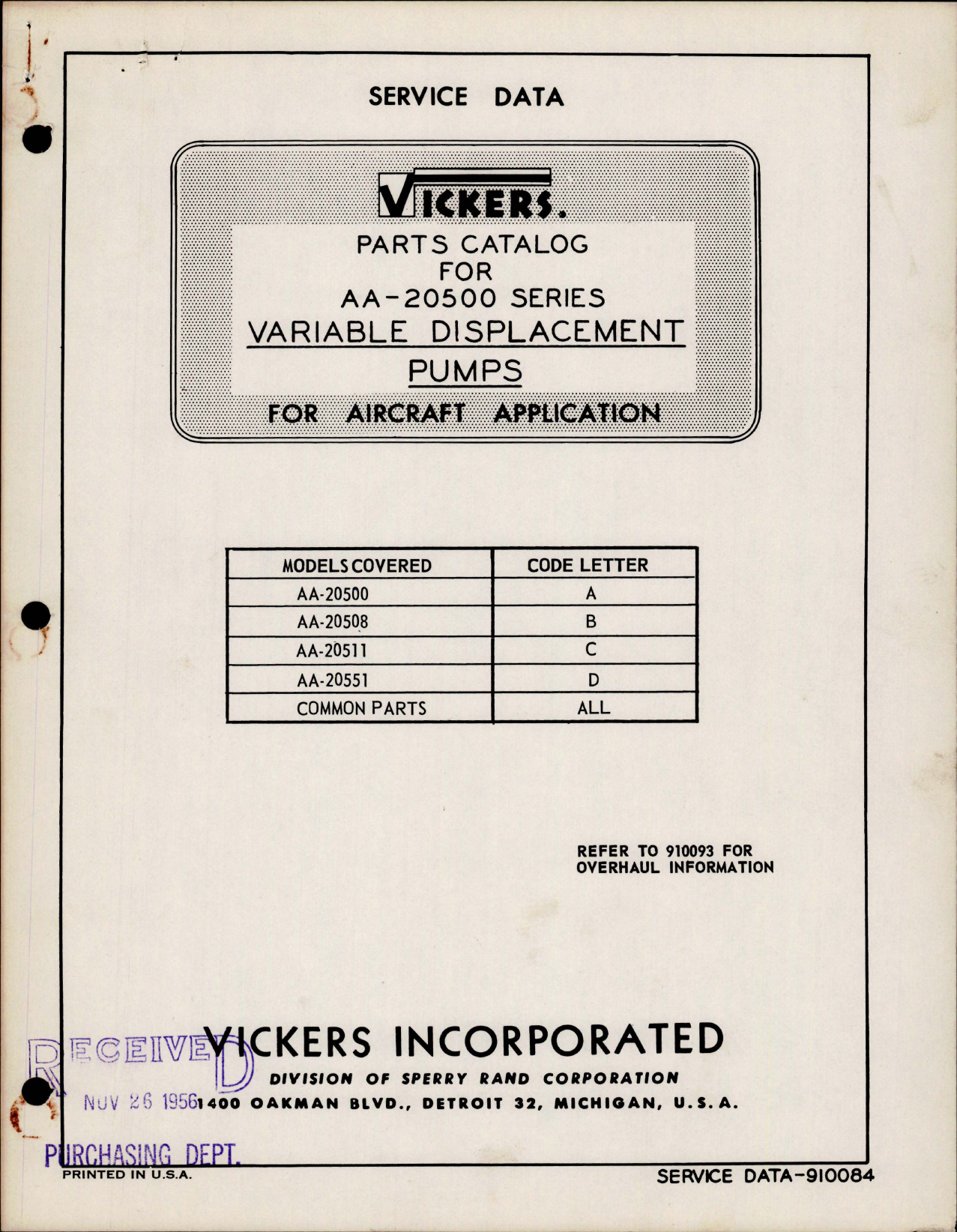 Sample page 1 from AirCorps Library document: Parts Catalog for Variable Displacement Pumps - AA-20500 Series