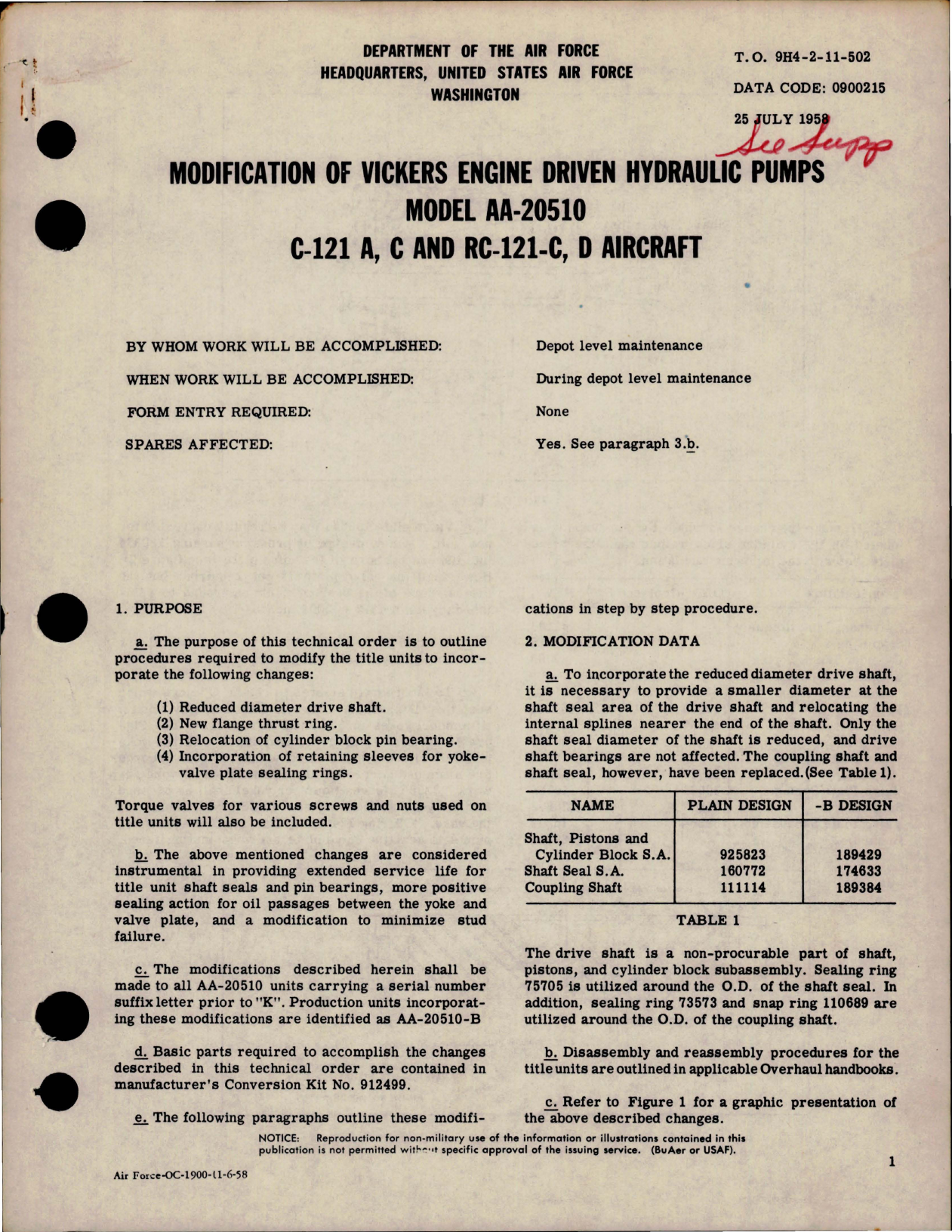 Sample page 1 from AirCorps Library document: Modification of Vickers Engine Driven Hydraulic Pumps - Model AA-20510