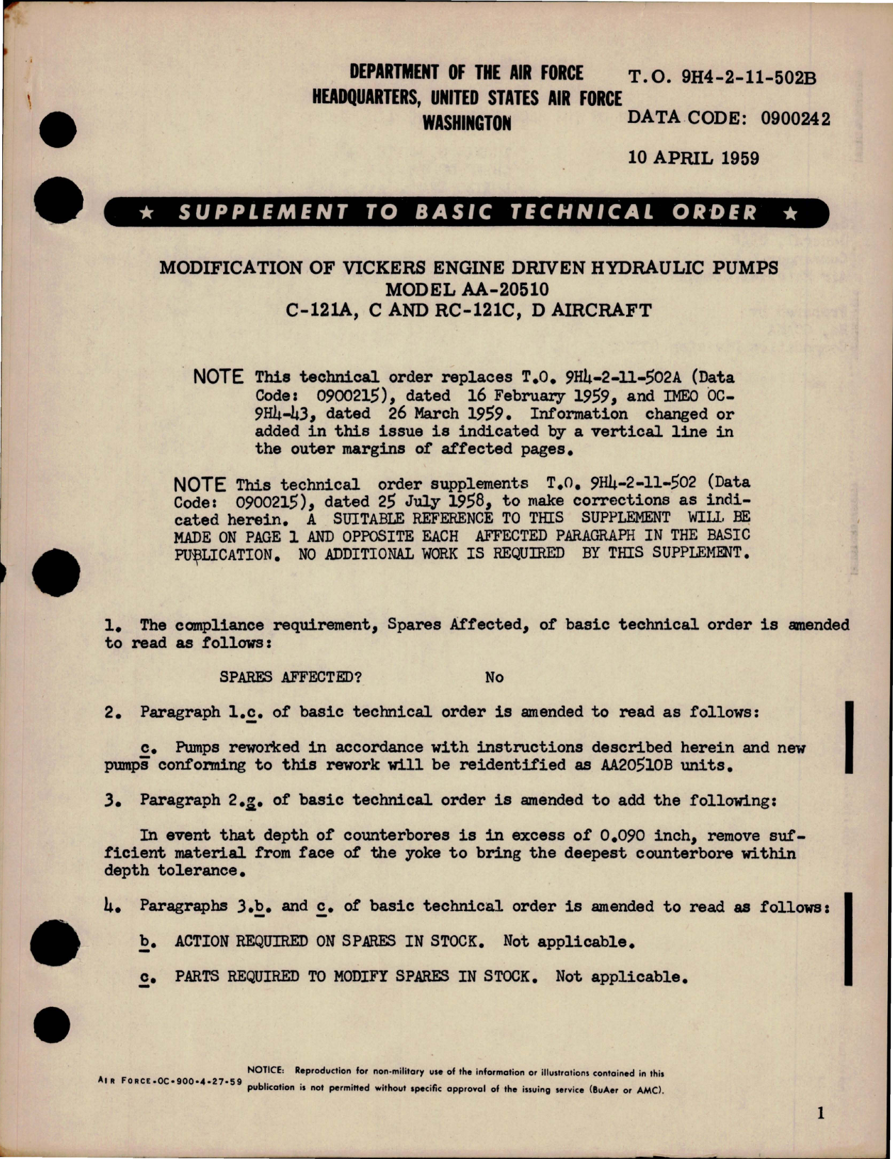 Sample page 1 from AirCorps Library document: Modification of Vickers Engine Driven Hydraulic Pumps - Model AA-20510