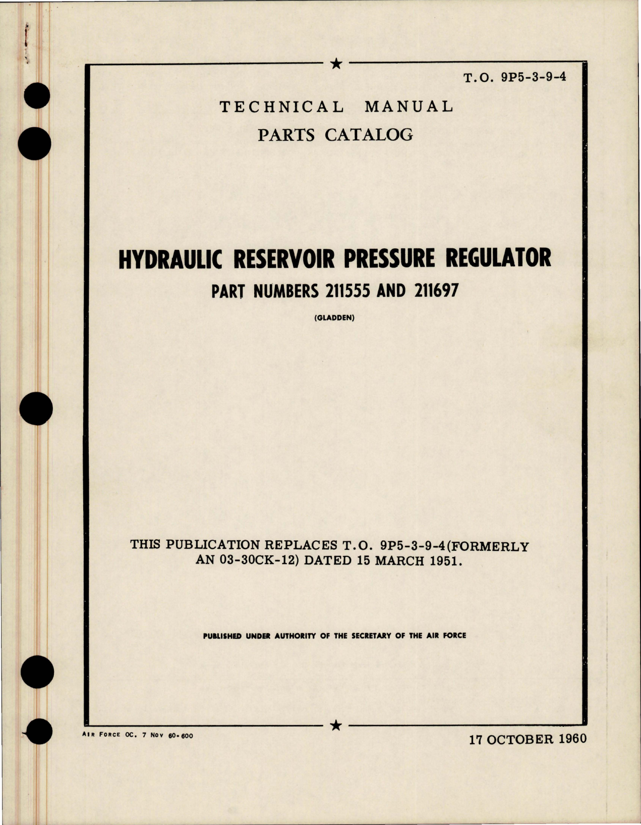 Sample page 1 from AirCorps Library document: Parts Catalog for Hydraulic Reservoir Pressure Regulator - Parts 211555, 211697