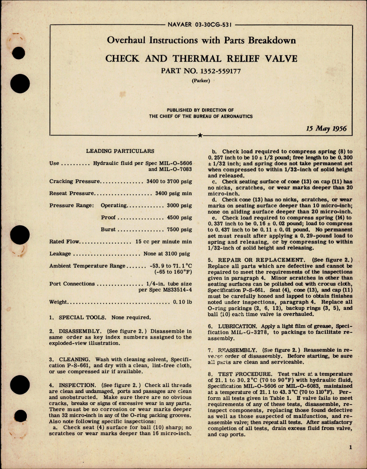 Sample page 1 from AirCorps Library document: Overhaul Instructions with Parts Breakdown for Check and Thermal Relief Valve - Part 1352-559177 