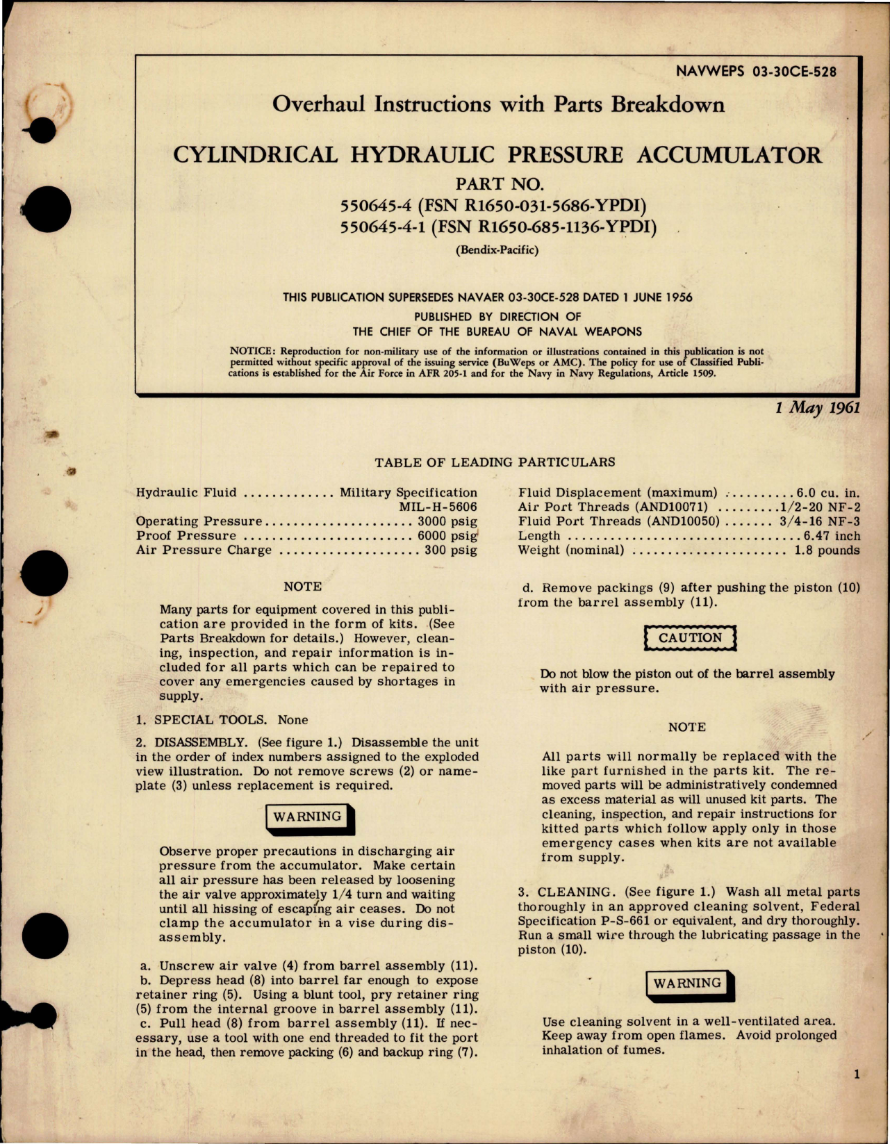 Sample page 1 from AirCorps Library document: Overhaul Instructions with Parts Breakdown for Cylindrical Hydraulic Pressure Accumulator - Parts 550645-4, 550645-4-1