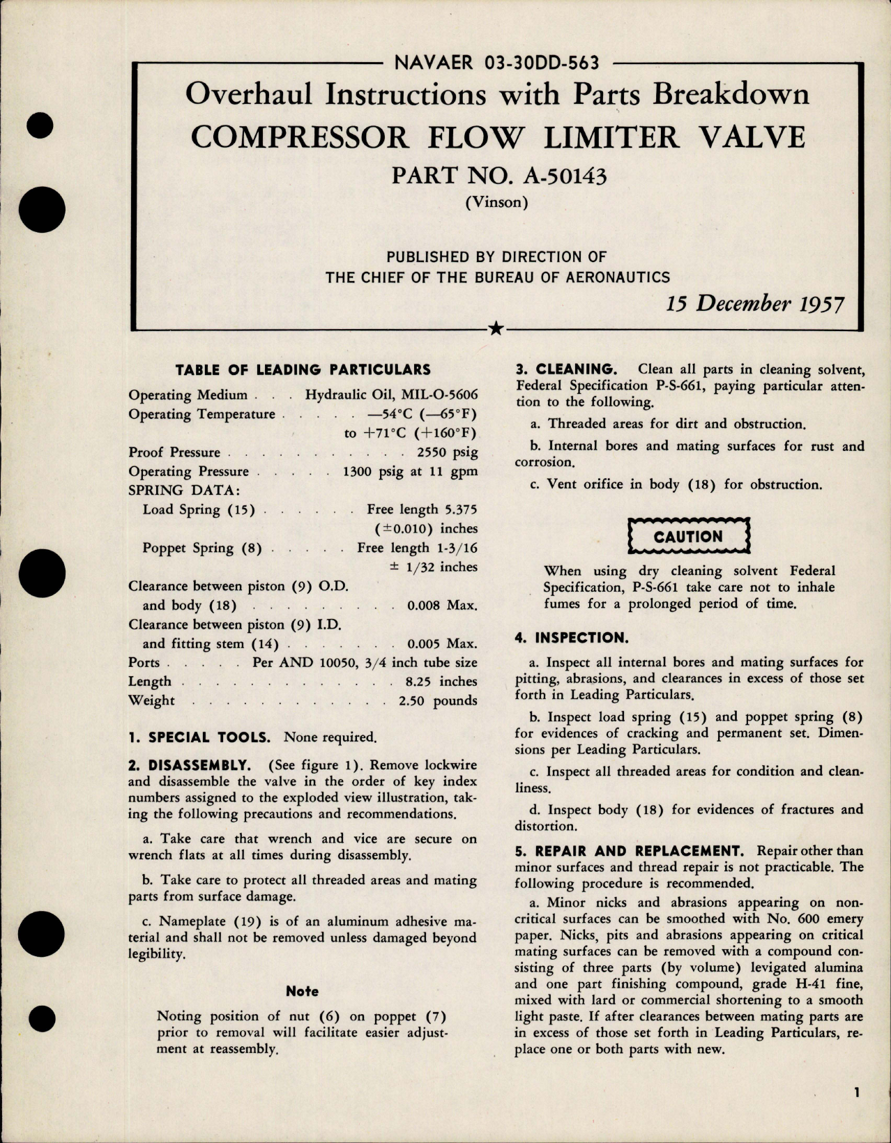 Sample page 1 from AirCorps Library document: Overhaul Instructions with Parts for Compressor Flow Limiter Valve - Part A-50143 