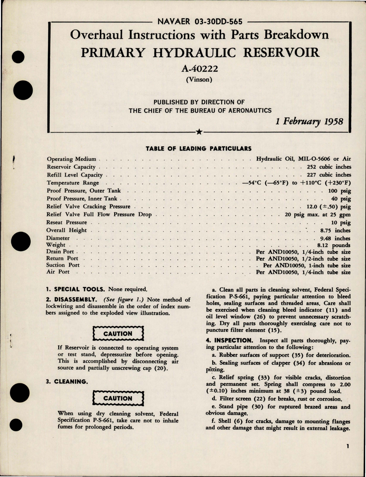 Sample page 1 from AirCorps Library document: Overhaul Instructions with Parts Breakdown for Primary Hydraulic Reservoir - A-40222 