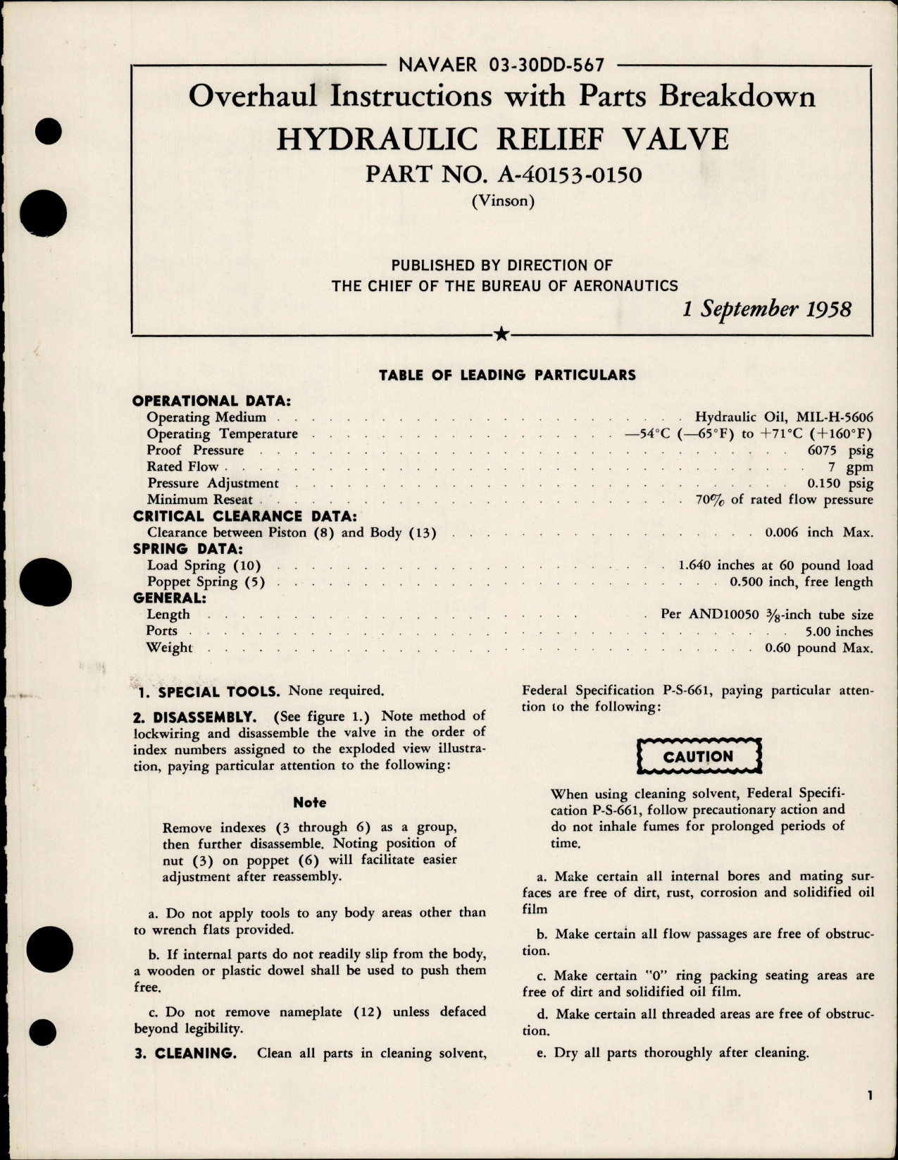 Sample page 1 from AirCorps Library document: Overhaul Instructions with Parts Breakdown for Hydraulic Relief Valve - Part A-40153-0150 