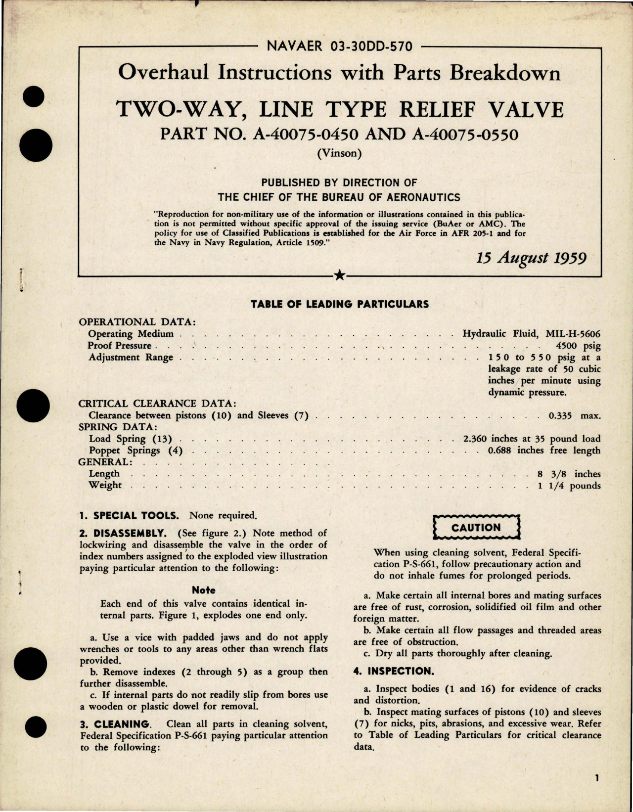 Sample page 1 from AirCorps Library document: Overhaul Instructions with Parts for Two-Way, Line Type Relief Valve - Part A-40075-0450 and A-40075-0550 