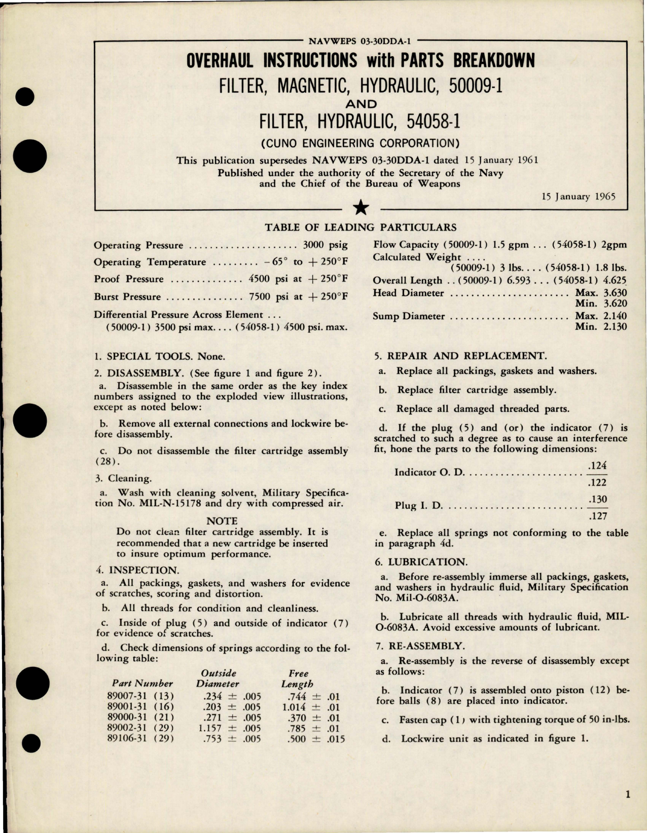 Sample page 1 from AirCorps Library document: Overhaul Instructions with Parts for Hydraulic Magnetic Filter 50009-1 and Hydraulic Filter 54058-1 