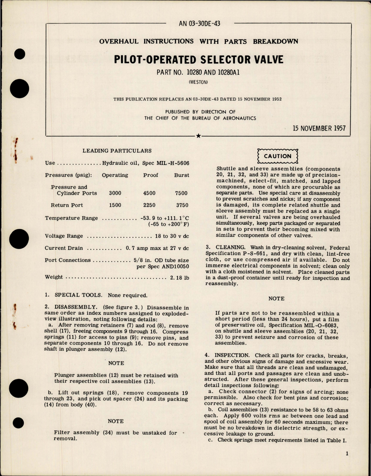 Sample page 1 from AirCorps Library document: Overhaul Instructions with Parts Breakdown for Pilot-Operated Selector Valve - Part 10280 and 10280A1 