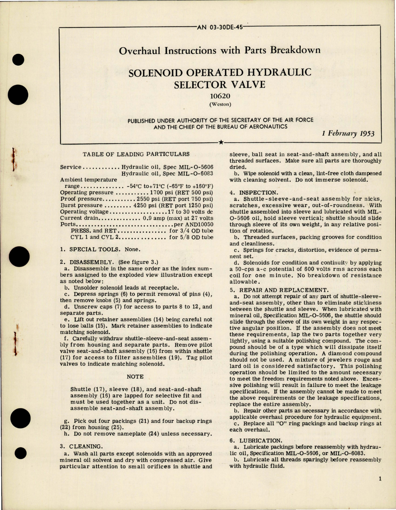 Sample page 1 from AirCorps Library document: Overhaul Instructions with Parts for Solenoid Operated Hydraulic Selector Valve - 10620