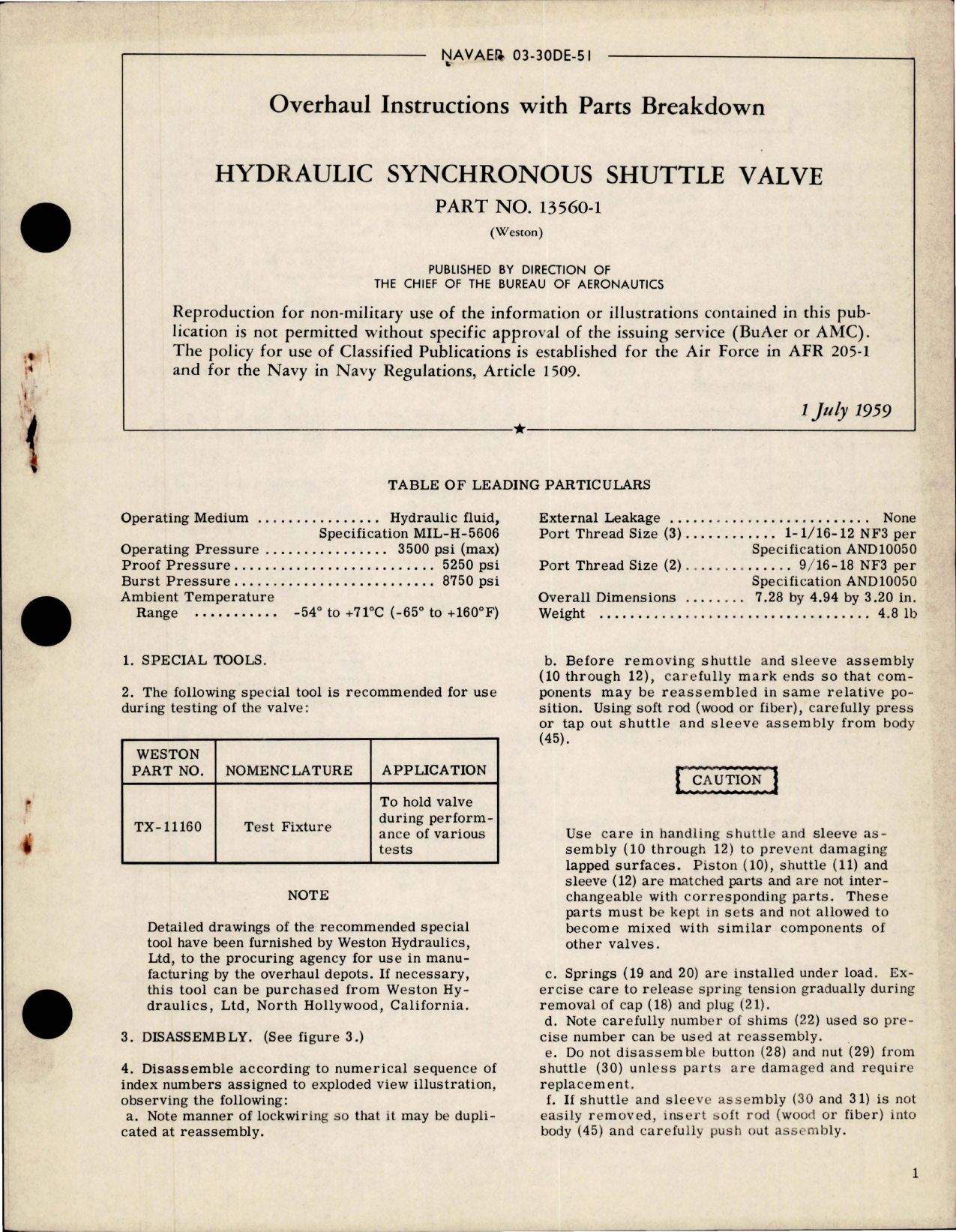 Sample page 1 from AirCorps Library document: Overhaul Instructions with Parts Breakdown for Hydraulic Synchronous Shuttle Valve - Part 13560-1