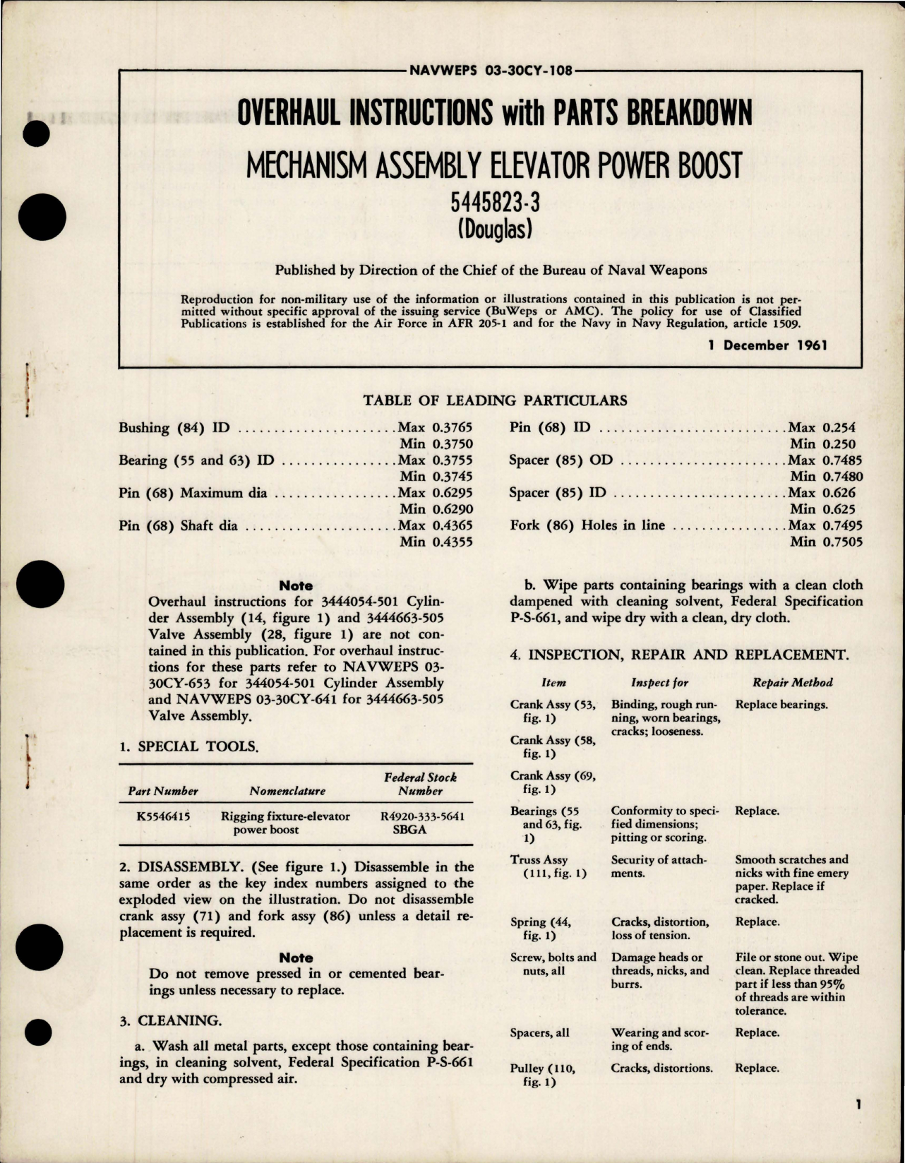 Sample page 1 from AirCorps Library document: Overhaul Instructions with Parts Breakdown for Mechanism Assembly Elevator Power Boost - 5445823-3