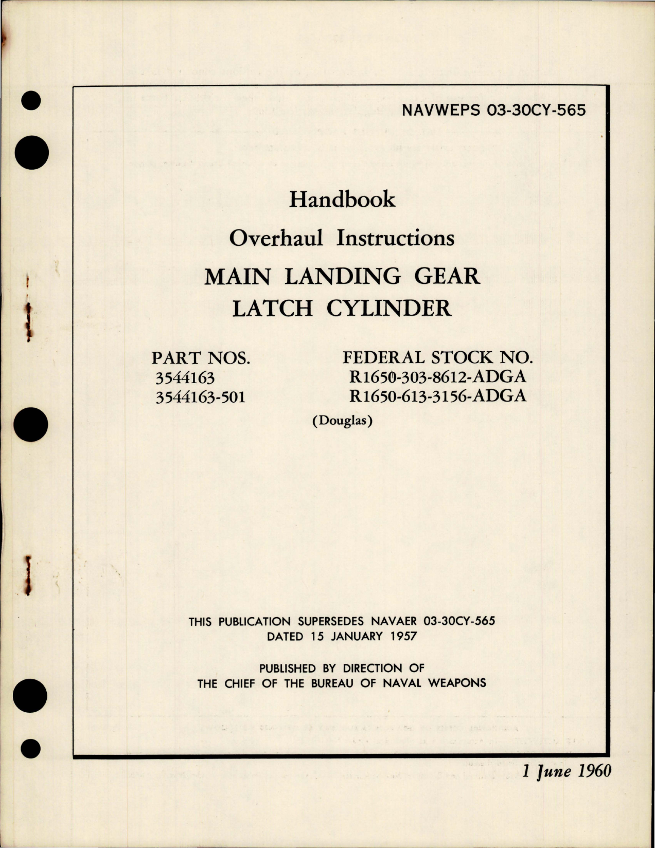 Sample page 1 from AirCorps Library document: Overhaul Instructions for Main Landing Gear Latch Cylinder - Parts 3544163 and 3544163-501 