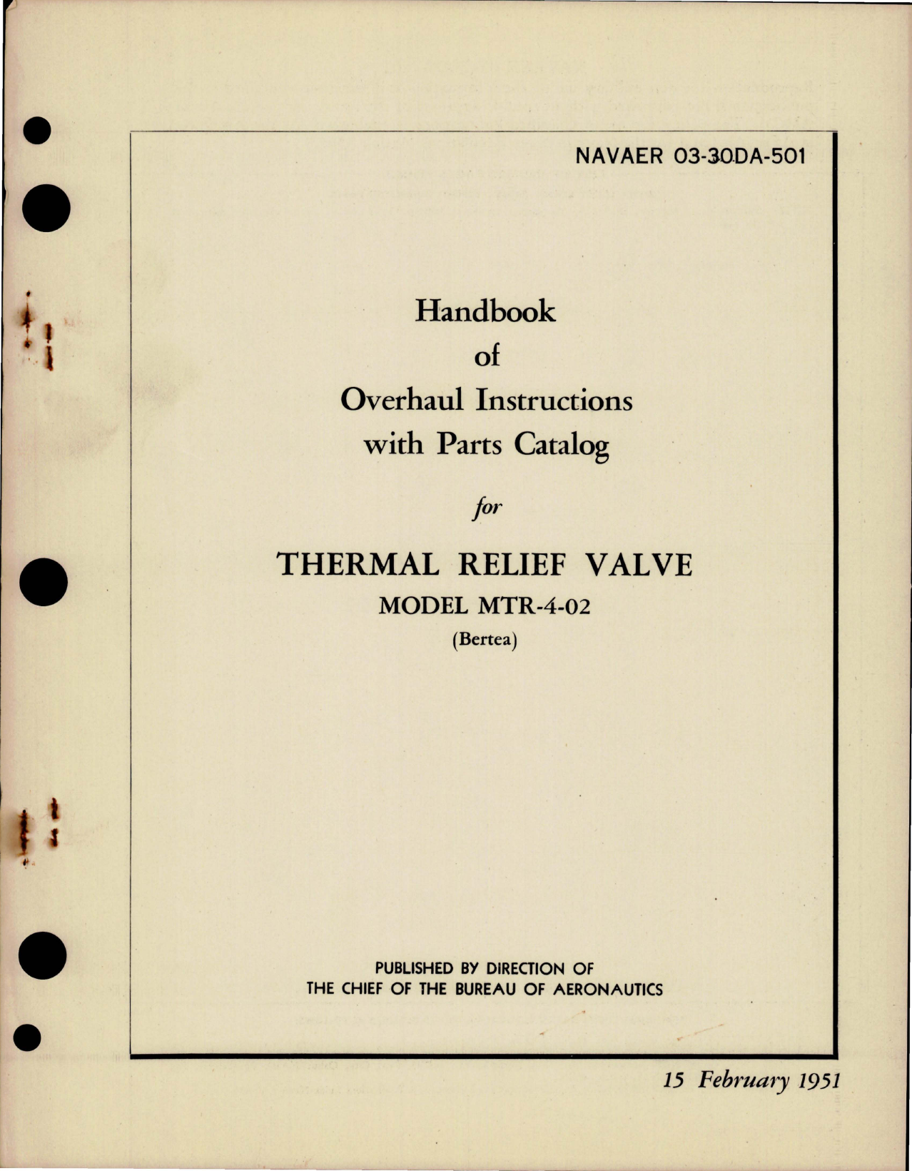 Sample page 1 from AirCorps Library document: Overhaul Instructions with Parts Catalog for Thermal Relief Valve - Model MTR-4-02 
