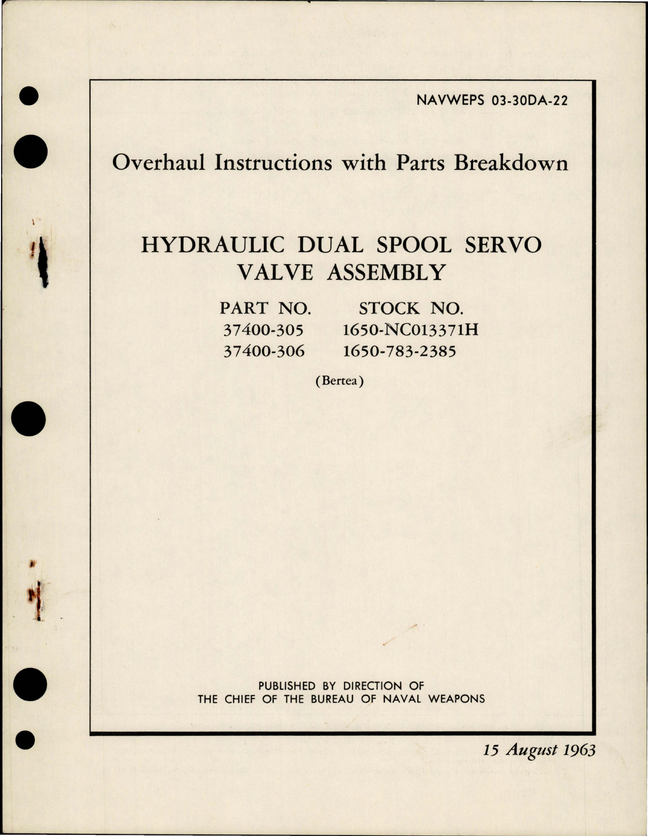 Sample page 1 from AirCorps Library document: Overhaul Instructions with Parts Breakdown for Hydraulic Dual Spool Servo Valve Assembly - Parts 37400-305 and 37400-306 