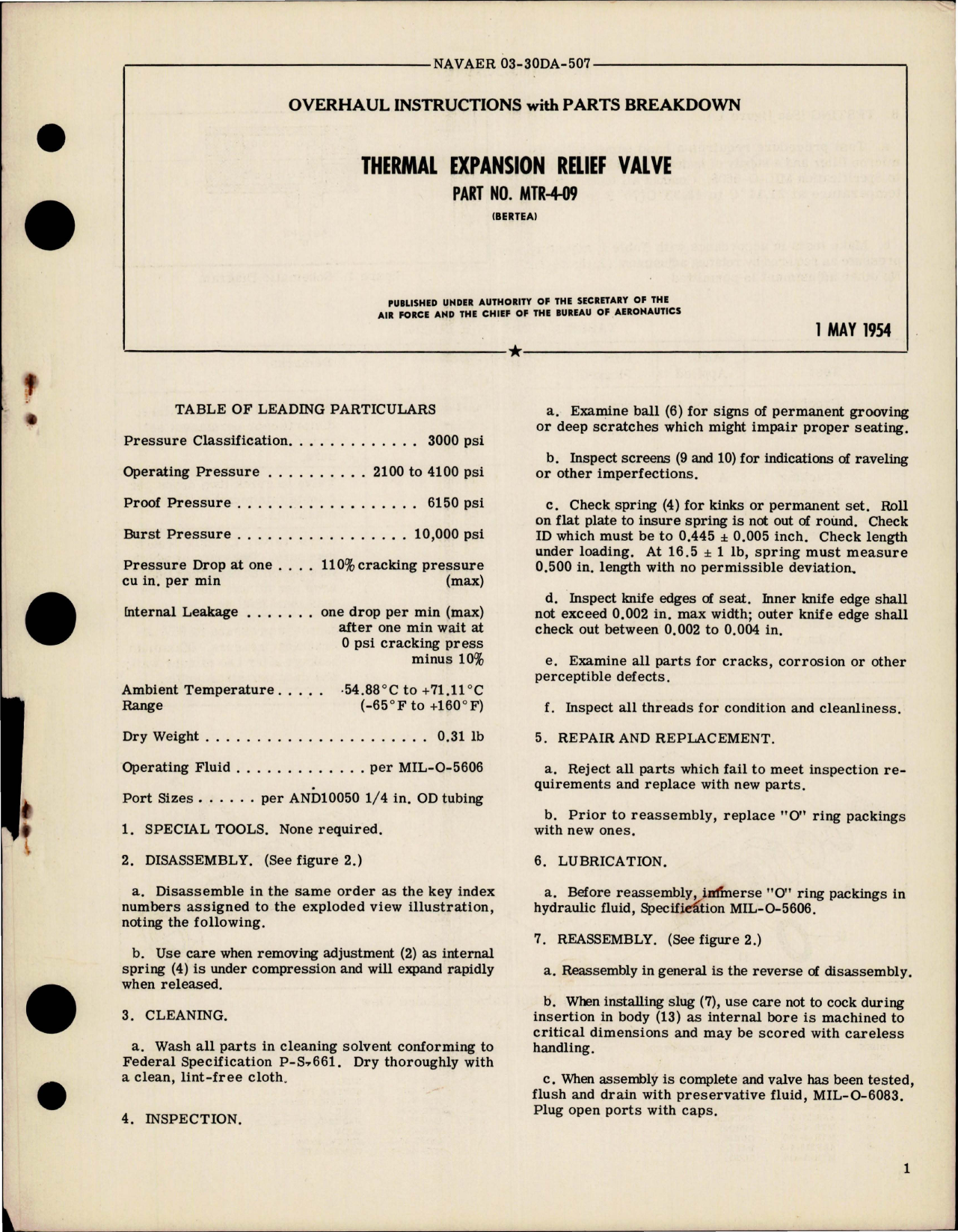 Sample page 1 from AirCorps Library document: Overhaul Instructions with Parts Breakdown for Thermal Expansion Relief Valve - Part MTR-4-09 