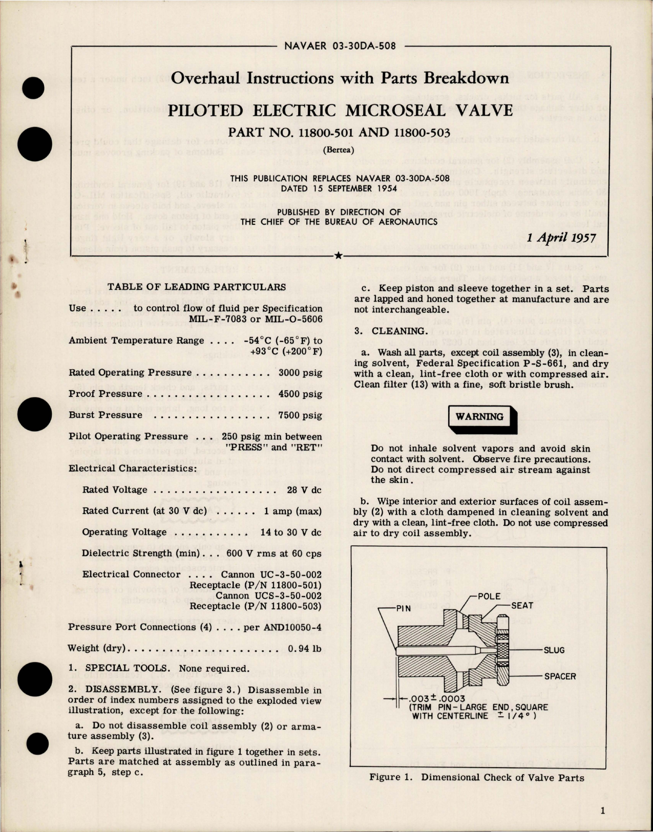 Sample page 1 from AirCorps Library document: Overhaul Instructions with Parts for Piloted Electric Microseal Valve - Part 11800-501, 11800-503 