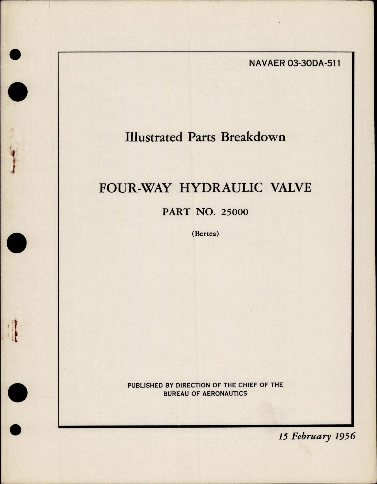 Sample page 1 from AirCorps Library document: Illustrated Parts Breakdown for Four-Way Hydraulic Valve - Part 25000