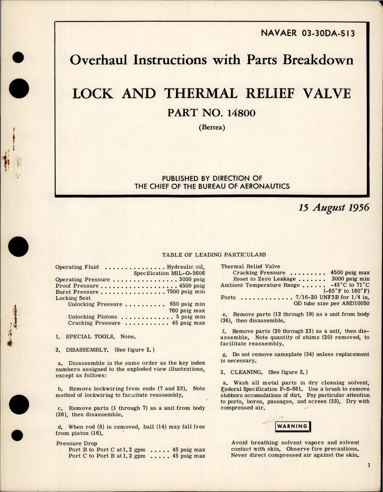 Sample page 1 from AirCorps Library document: Overhaul Instructions with Parts Breakdown for Lock and Thermal Relief Valve - Part 14800