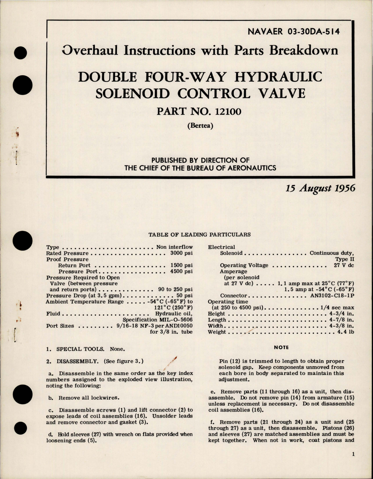 Sample page 1 from AirCorps Library document: Overhaul Instructions with Parts for Double Four-Way Hydraulic Solenoid Control Valve - Part 12100 